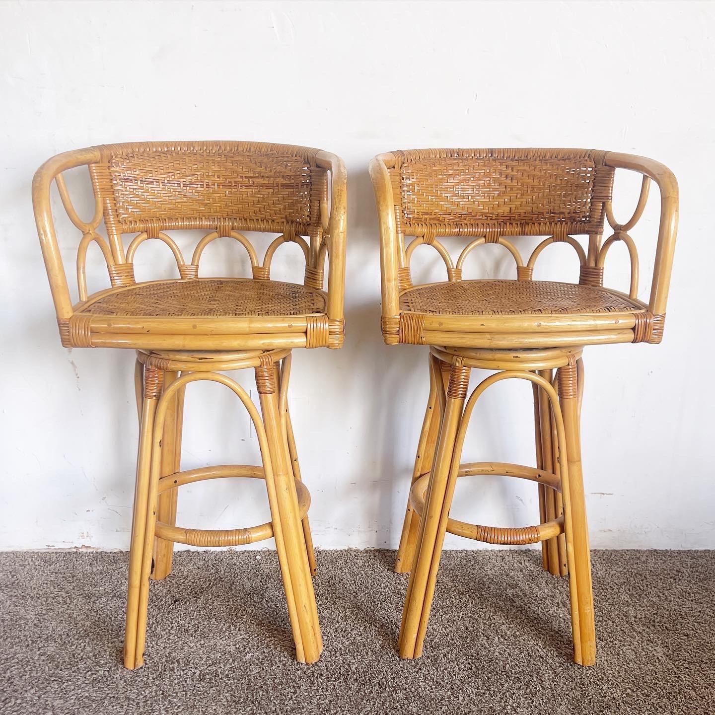 Boho Chick Bamboo Rattan and Wicker Swivel Stools - a Pair For Sale