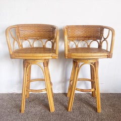 Vintage Boho Chick Bamboo Rattan and Wicker Swivel Stools - a Pair