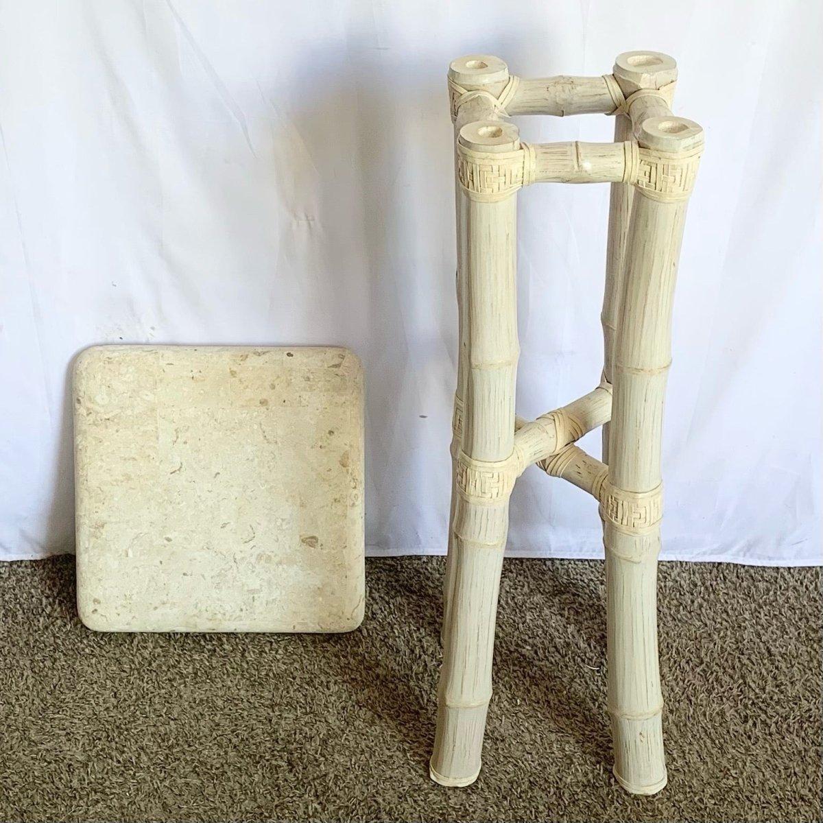 Philippine Boho Coastal Beige Bamboo Stone Top Pedestal/Side Table For Sale