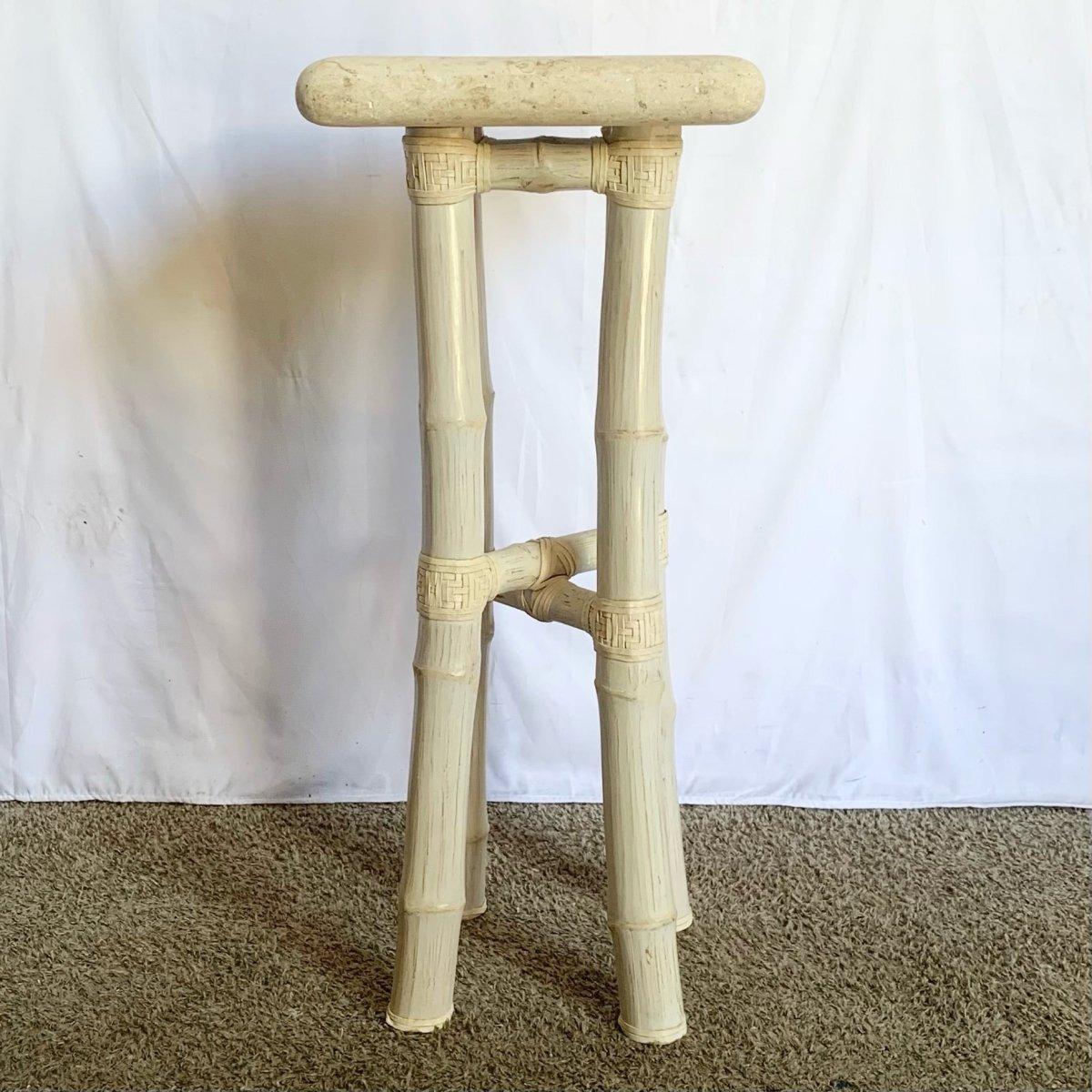 Boho Coastal Beige Bamboo Stone Top Pedestal/Side Table In Good Condition For Sale In Delray Beach, FL