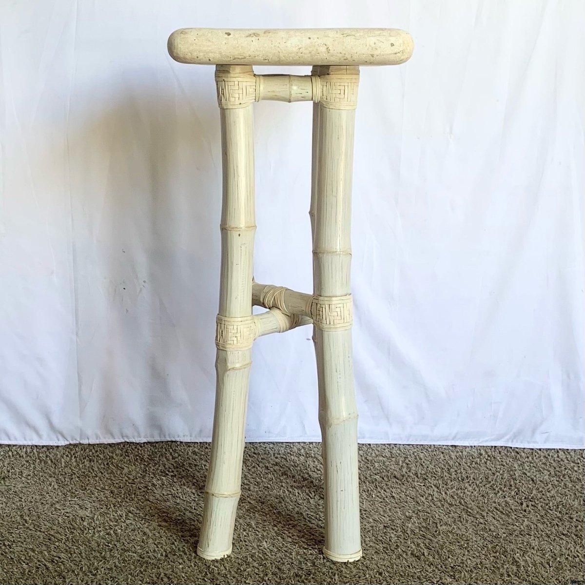 Late 20th Century Boho Coastal Beige Bamboo Stone Top Pedestal/Side Table For Sale