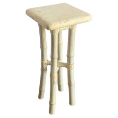 Boho Coastal Beige Bamboo Stone Top Pedestal/Side Table