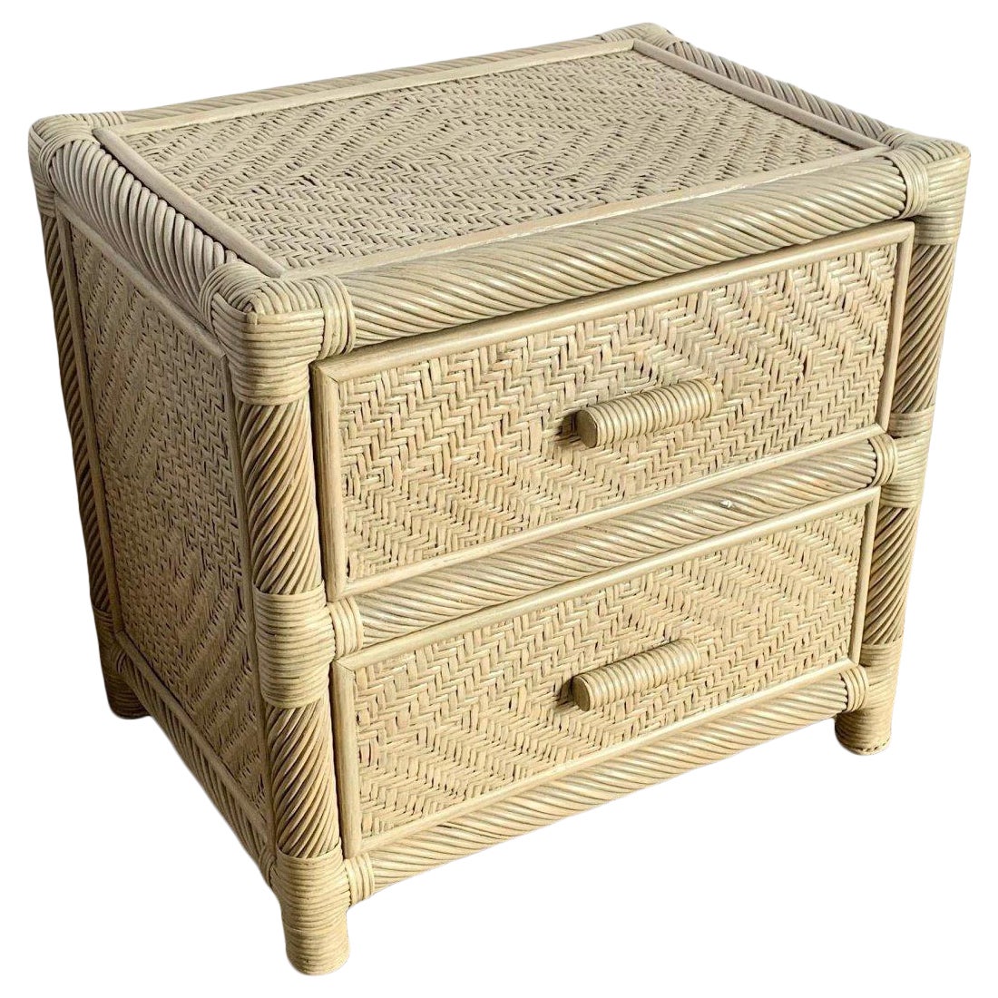 Boho Coastal Beige Twisted Pencil Reed Wicker Nightstand