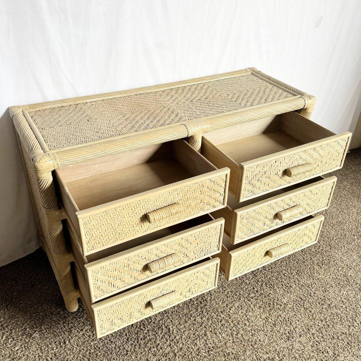 20th Century Boho Coastal Beige Wicker and Twisted Pencil Reed Dresser With Mirror - 2 Pieces For Sale