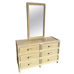 Boho Coastal Beige Wicker and Twisted Pencil Reed Dresser With Mirror - 2 Pieces