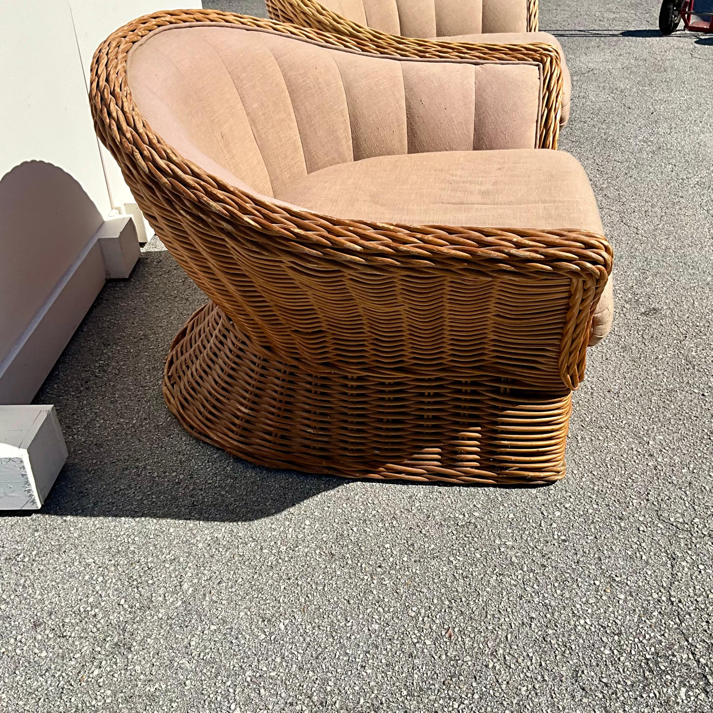 Hollywood Regency Boho Coastal Woven Rattan Oversized Vintage Club Chairs Bielecky Brothers Style