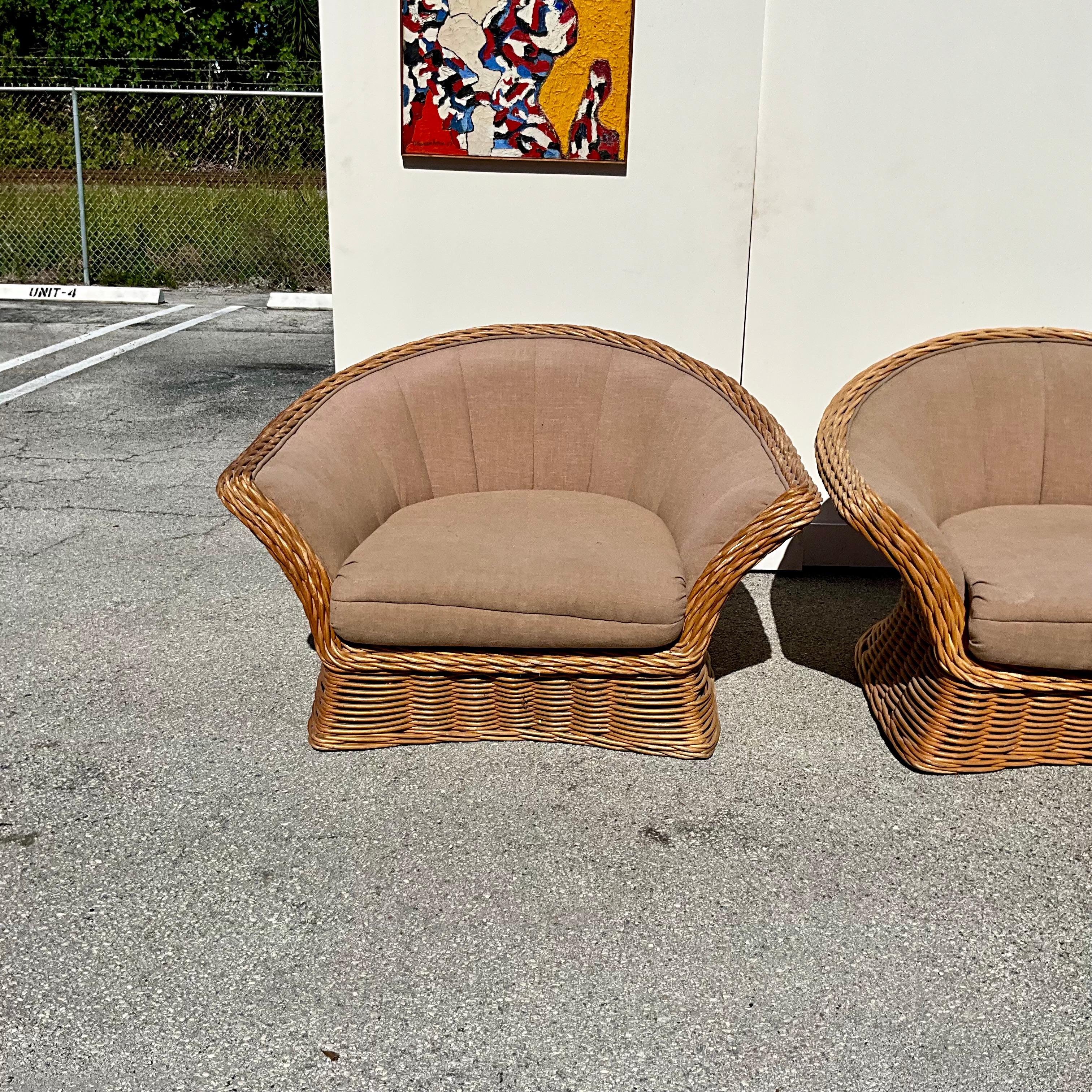 Boho Coastal Woven Rattan Oversized Vintage Club Chairs Bielecky Brothers Style In Good Condition In West Palm Beach, US