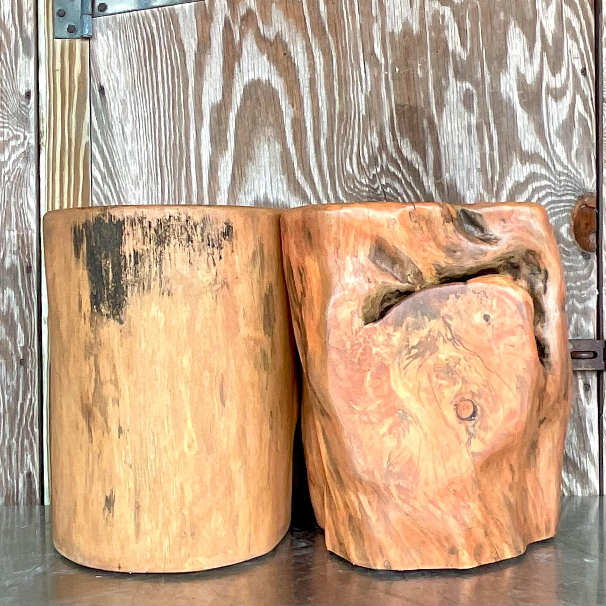Une fabuleuse paire de tables à boissons vintage Boho. Un ensemble chic de deux troncs d'arbre solides qui ont été lavés dans un orange pâle. Chacun d'entre eux a sa propre forme organique. Parfaites comme tables à boissons, piédestaux ou même comme
