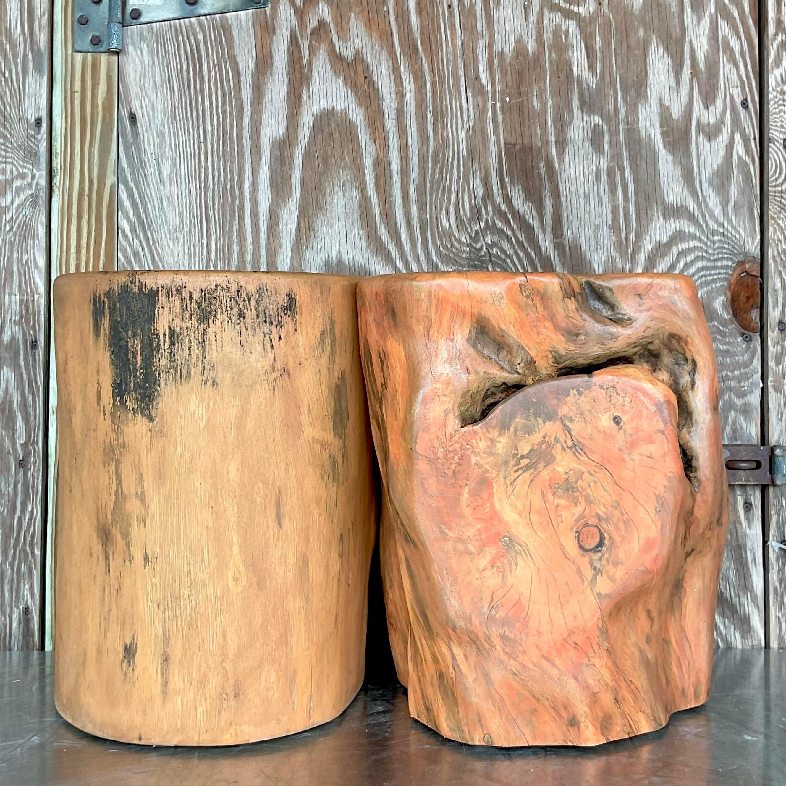 Philippine Boho Colored Tree Trunk Drinks Tables - Set of 2 For Sale