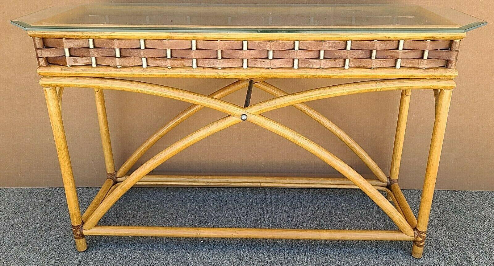 Late 20th Century Boho Console Sofa Table Bamboo Leather Rattan & Glass with Display