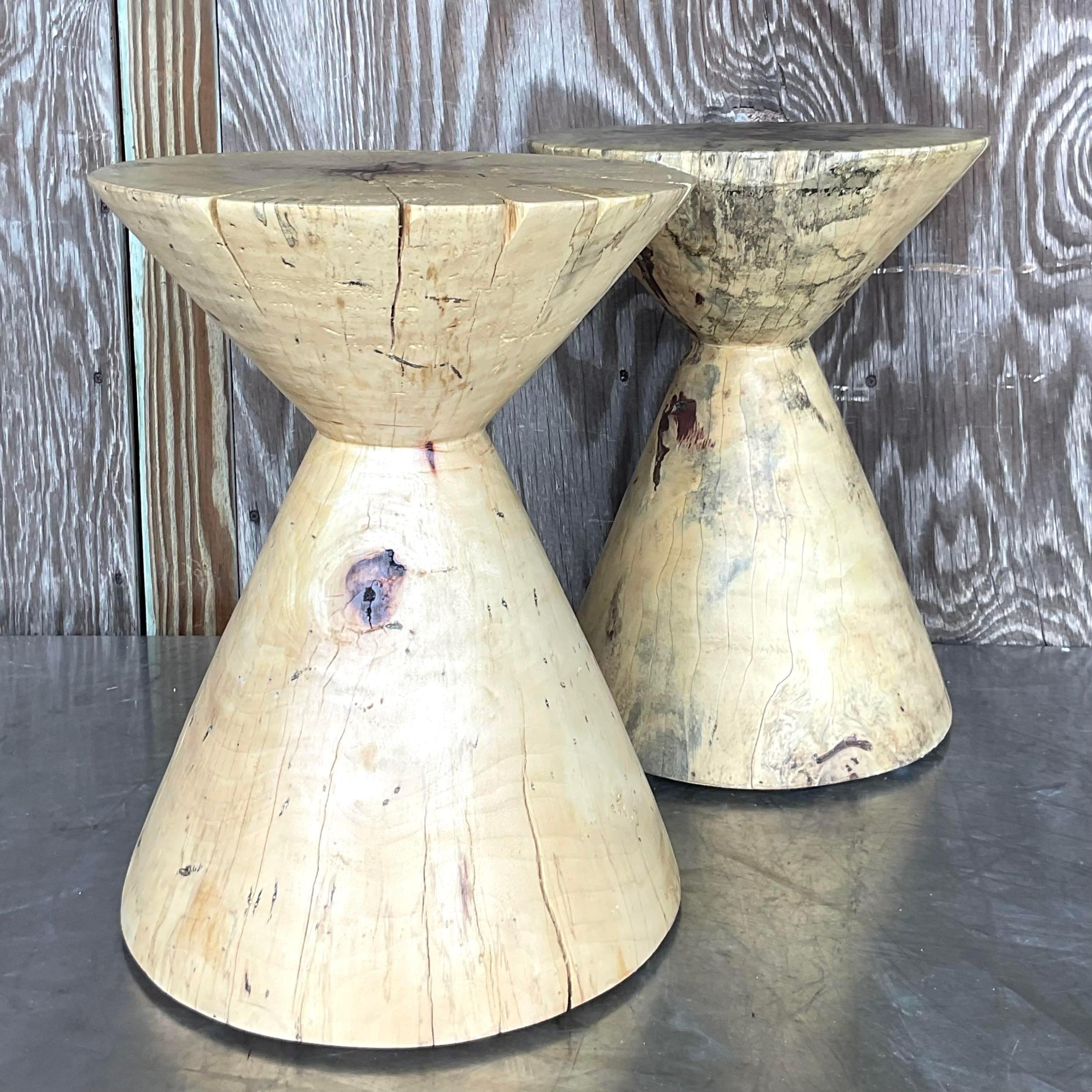 A fabulous pair of vintage Boho drinks tables. Chic cut trucks in a cool angular shape. Perfect as drinks tables, pedestals or even additional seating. You decide! Acquired from a Palm Beach estate.