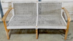 Divano moderno danese bohémien in teak sbiancato o invecchiato e corda intrecciata