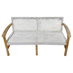 Boho Danish Modern Bleached/ Weathered Teak & Woven Rope Settee