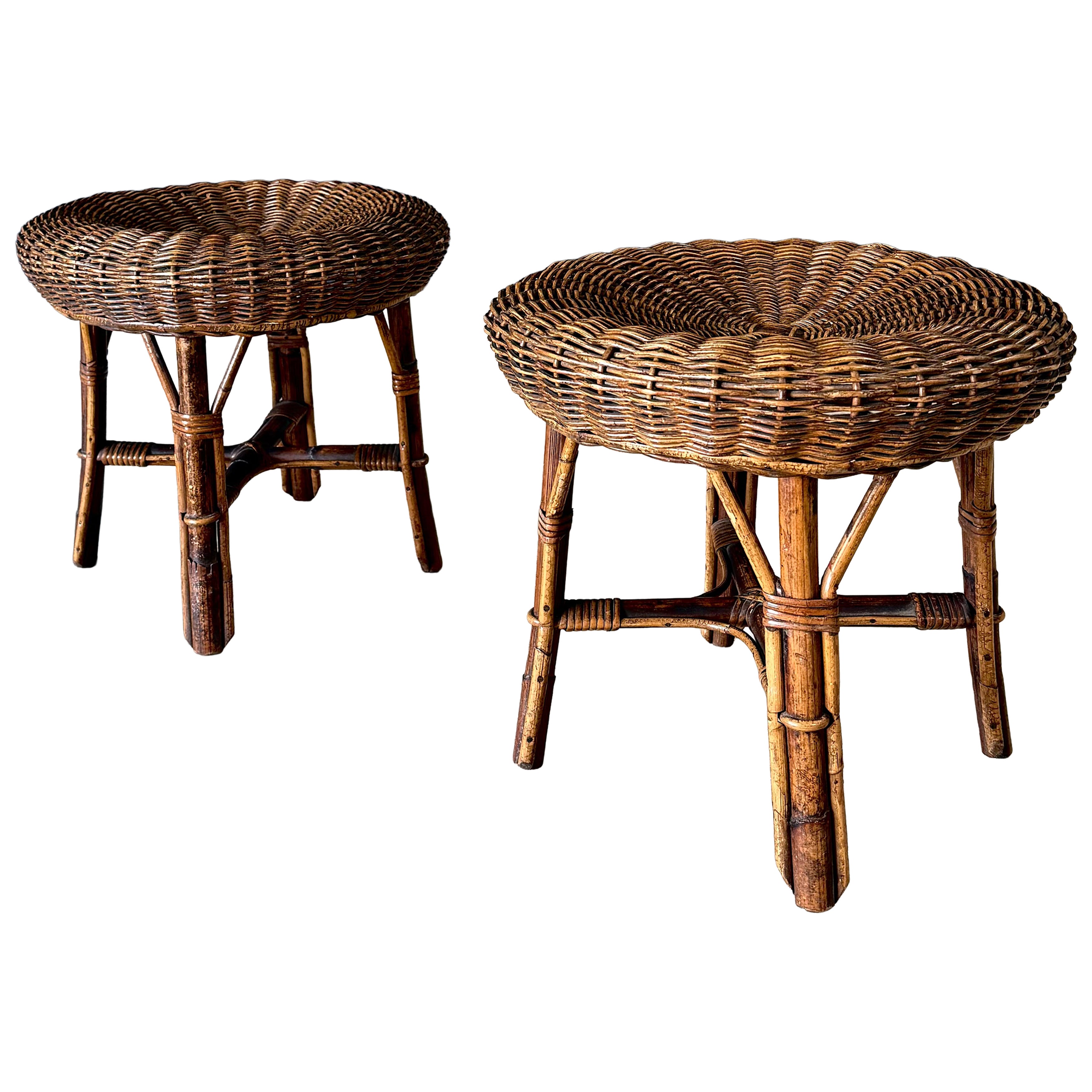 Boho Design Bamboo & Rattan Low Stools, Italy 1960's For Sale