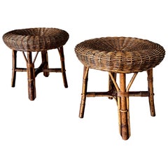 Tabourets bas de style bohème en bambou et rotin, Italie, années 1960