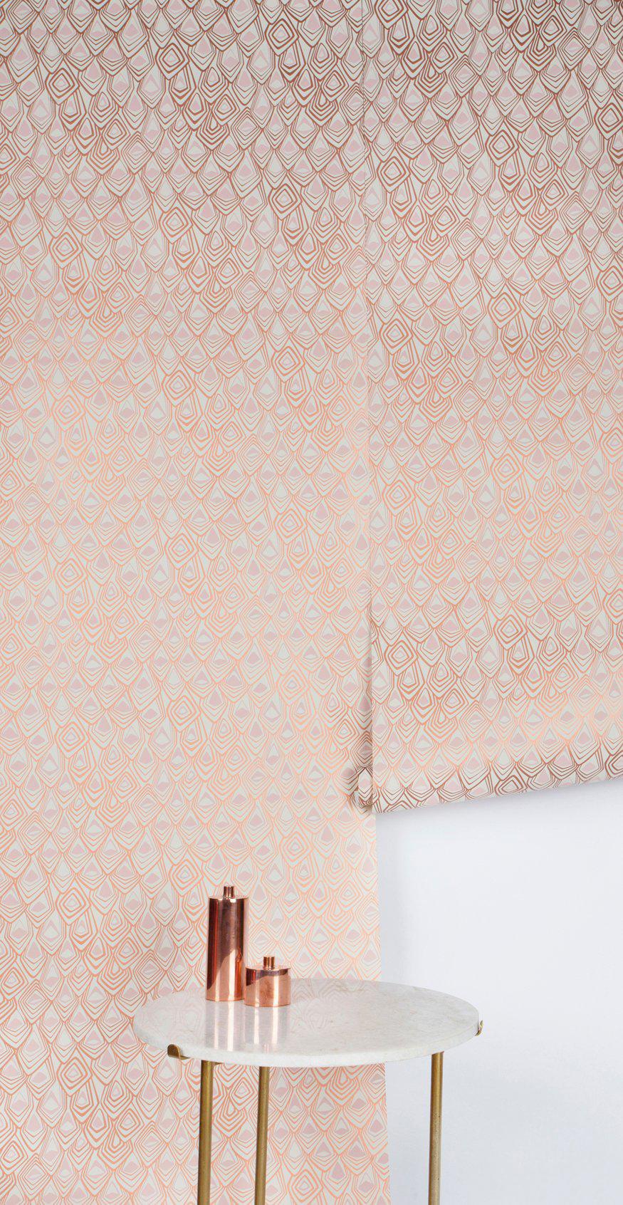 Michele Varian's Boho diamond wallpaper is a modern design with a scale like pattern creating an undulating texture on your walls. The tone on tone metallic copper and peach on an off-white, crème background reflect light and add warmth to a