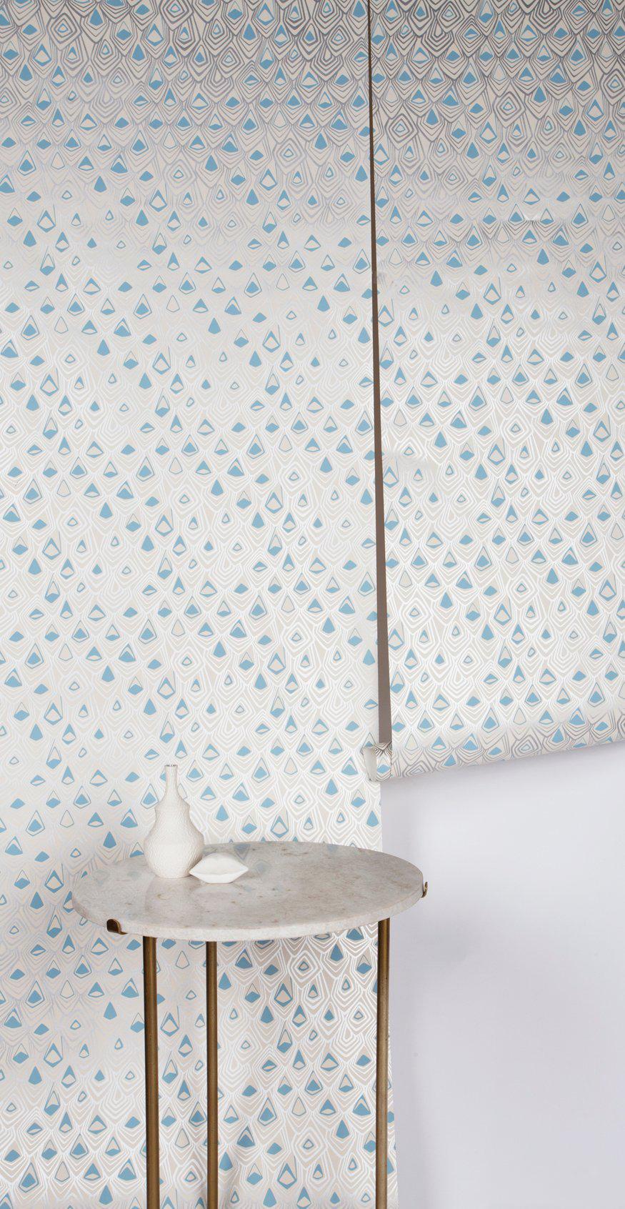 Modern Boho Diamond Screen Printed Wallpaper in Metallic Silver and Fairy Blue on Snow For Sale