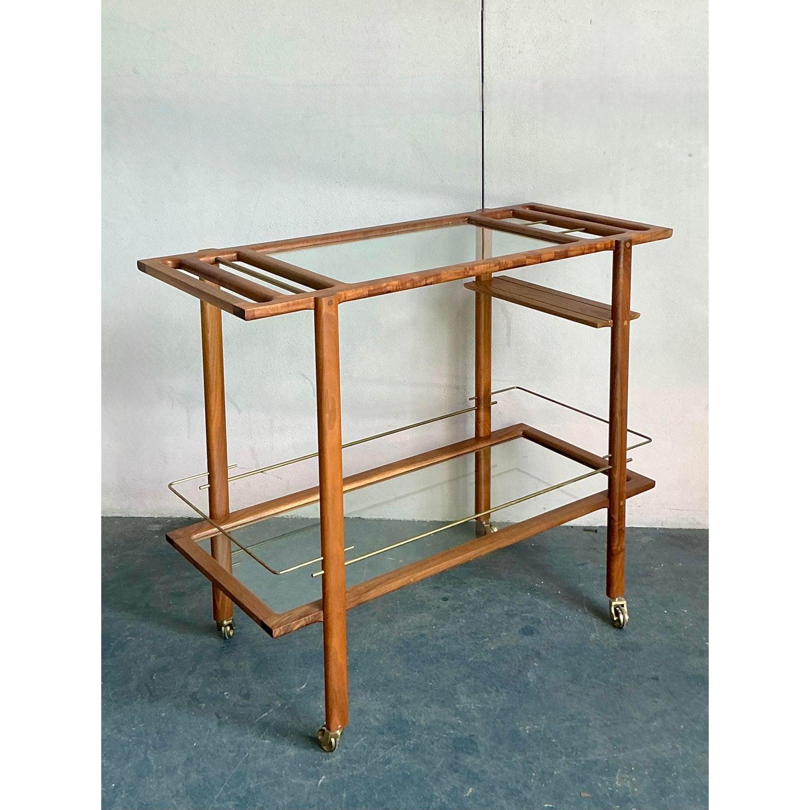 American Boho Earl Polished Teak Bar Cart For Sale