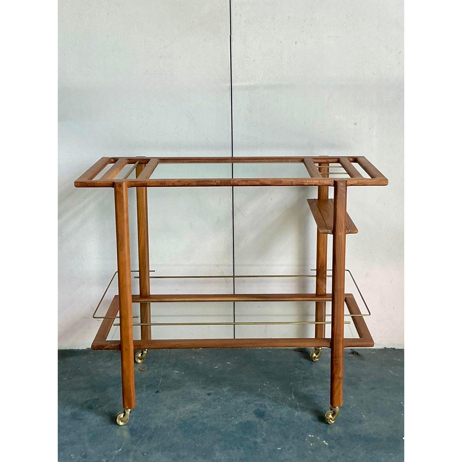 Metal Boho Earl Polished Teak Bar Cart For Sale