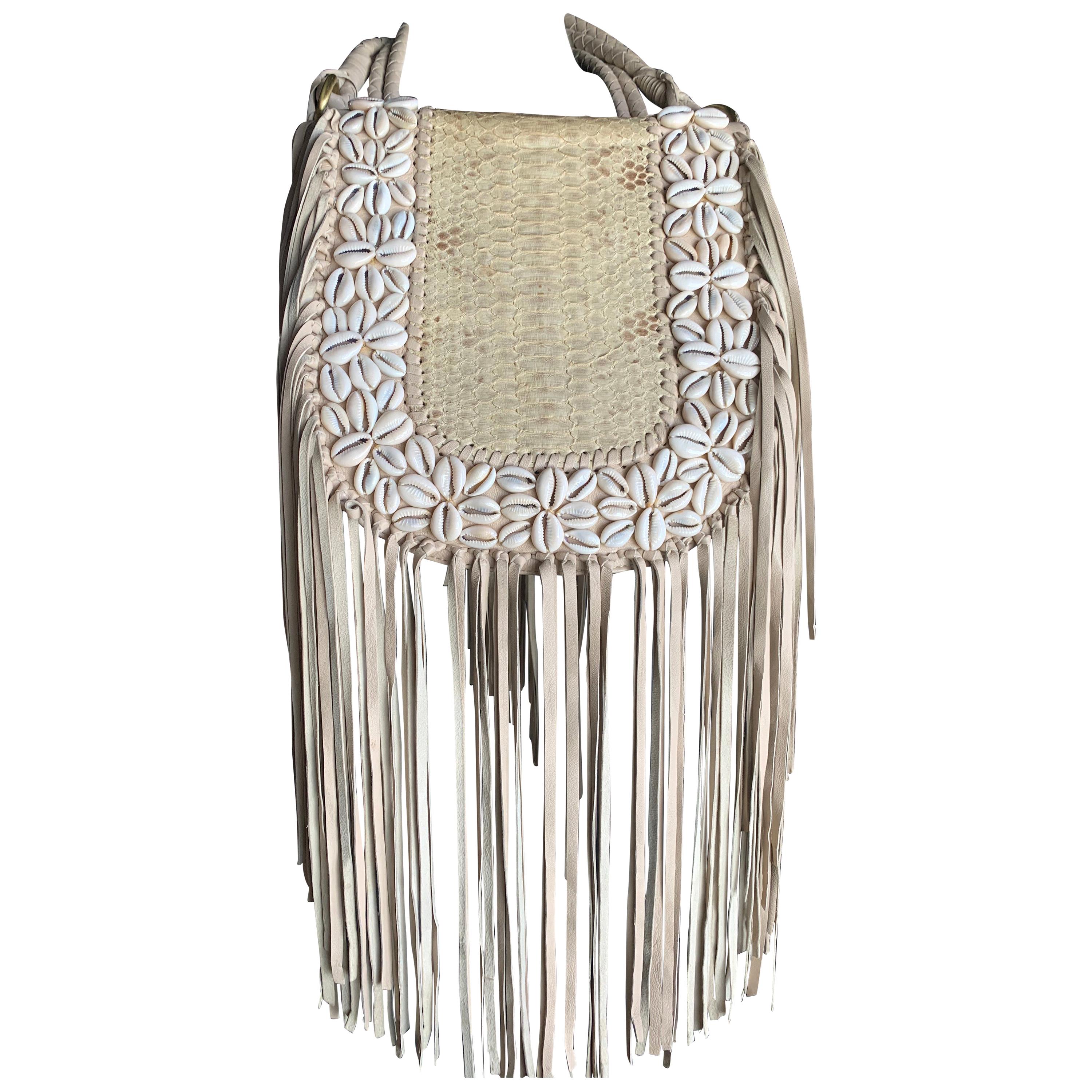 Boho Fringed Leather Shoulderbag W/ Cowrie Shell Snakeskin Embellishment