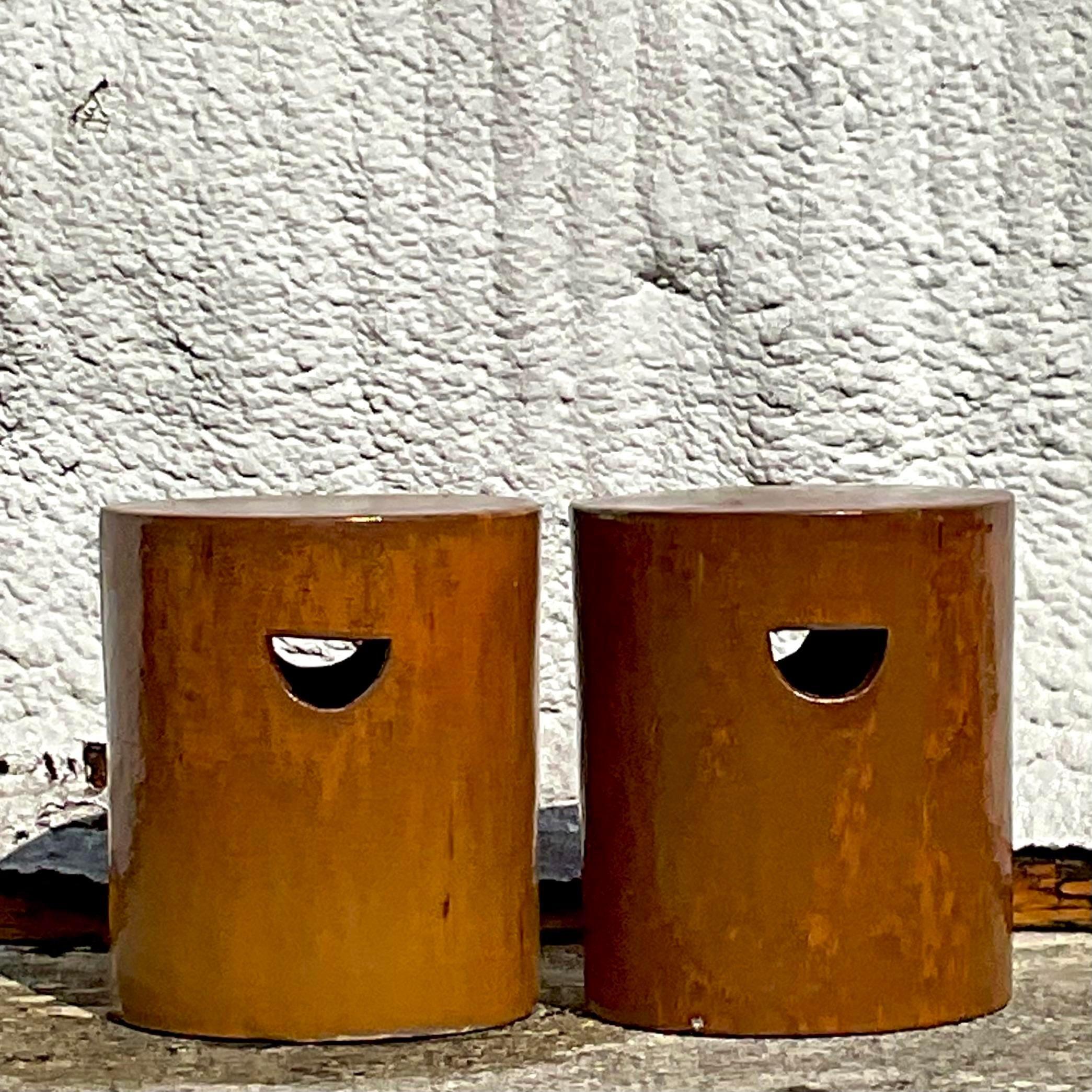 Boho Glazed Ceramic Low Stools - a Pair In Good Condition For Sale In west palm beach, FL