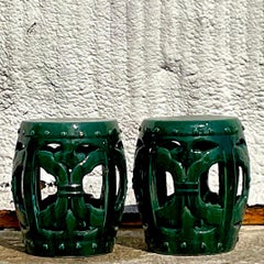 Boho Green Glazed Ceramic Low Stools - a Pair