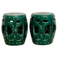 Boho Green Glazed Ceramic Low Stools - a Pair