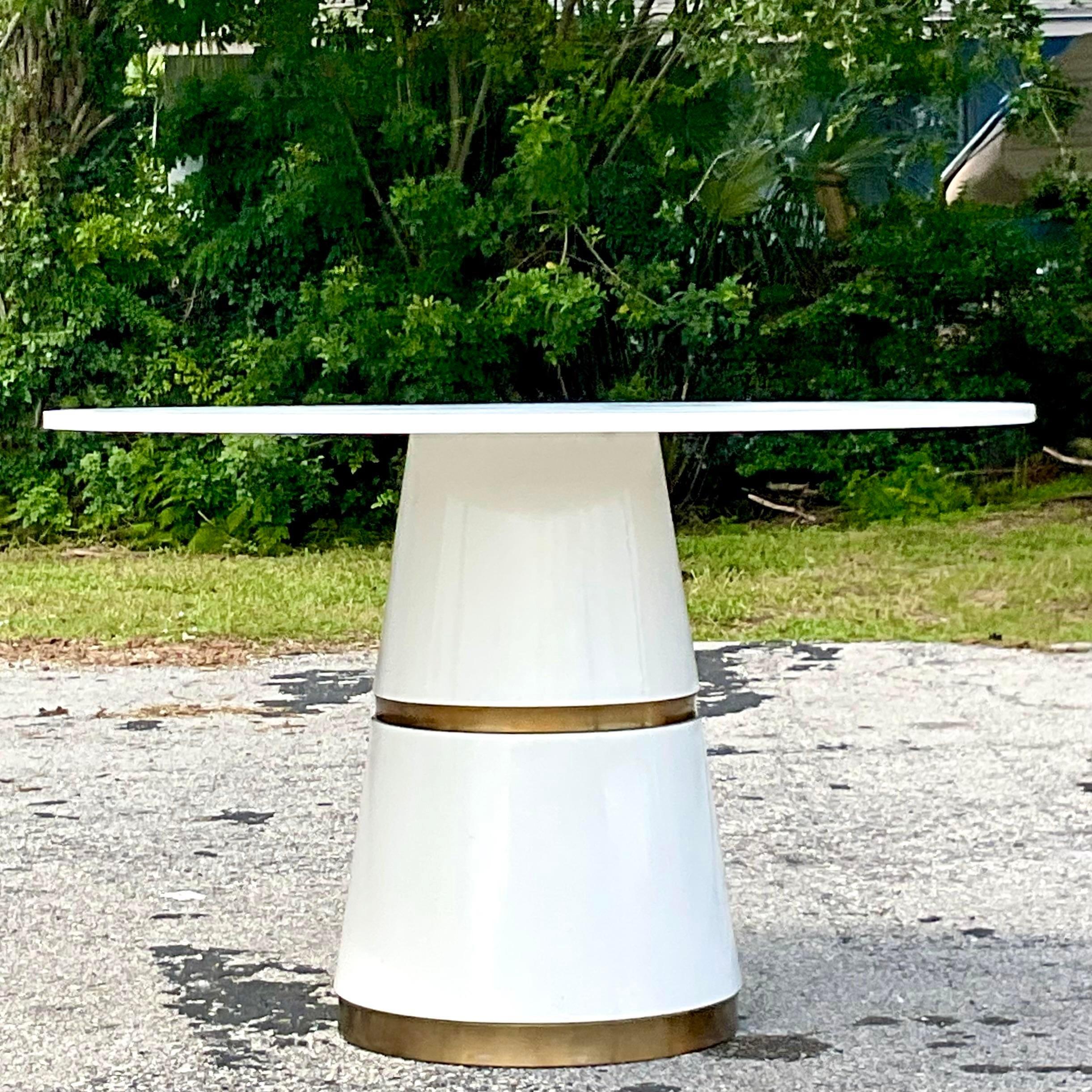 Boho Lacquered Center Hall Table With Double Brass Bands In Good Condition For Sale In west palm beach, FL