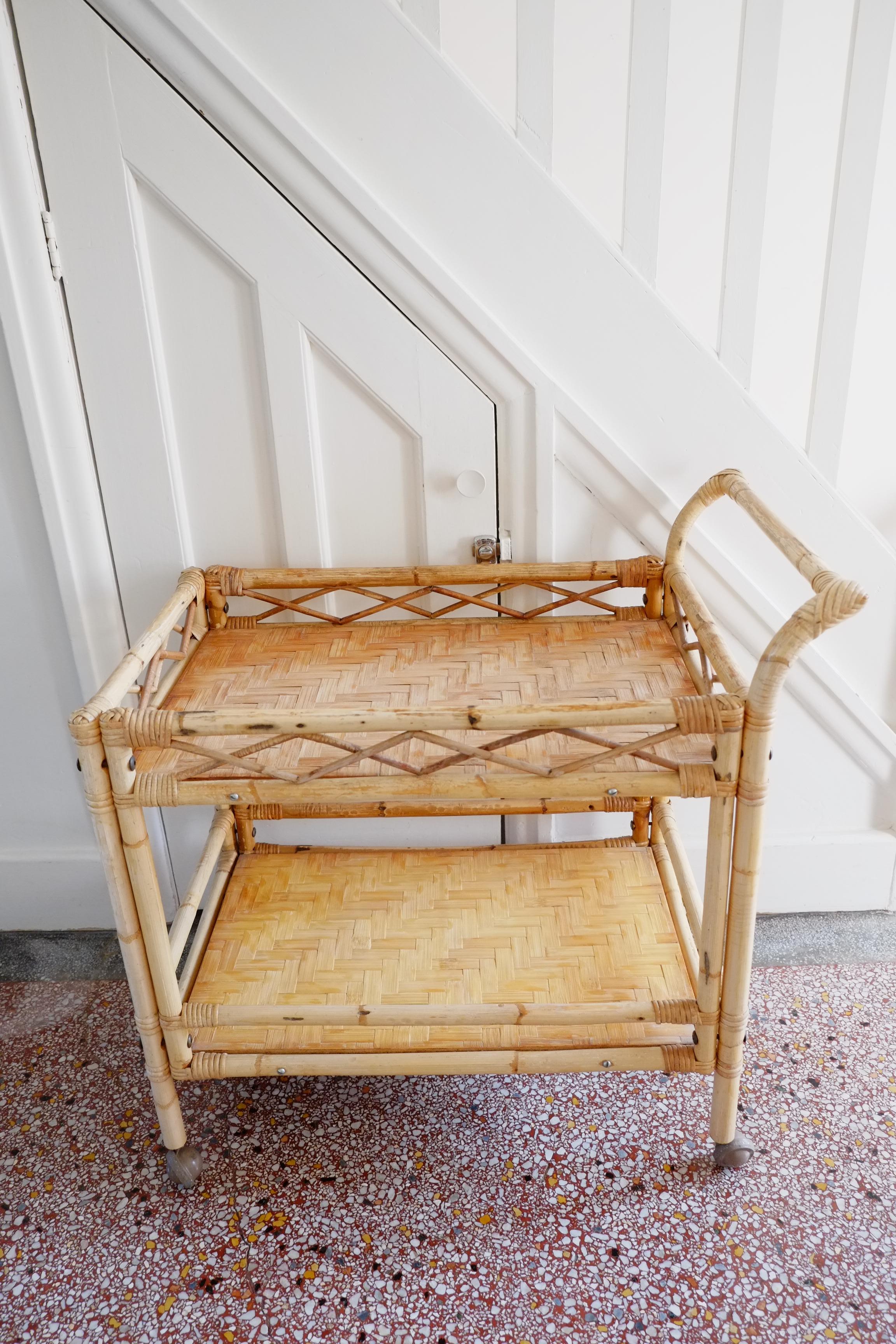 Boho large bamboo rectangular serving trolley drinks bar cart For Sale 3