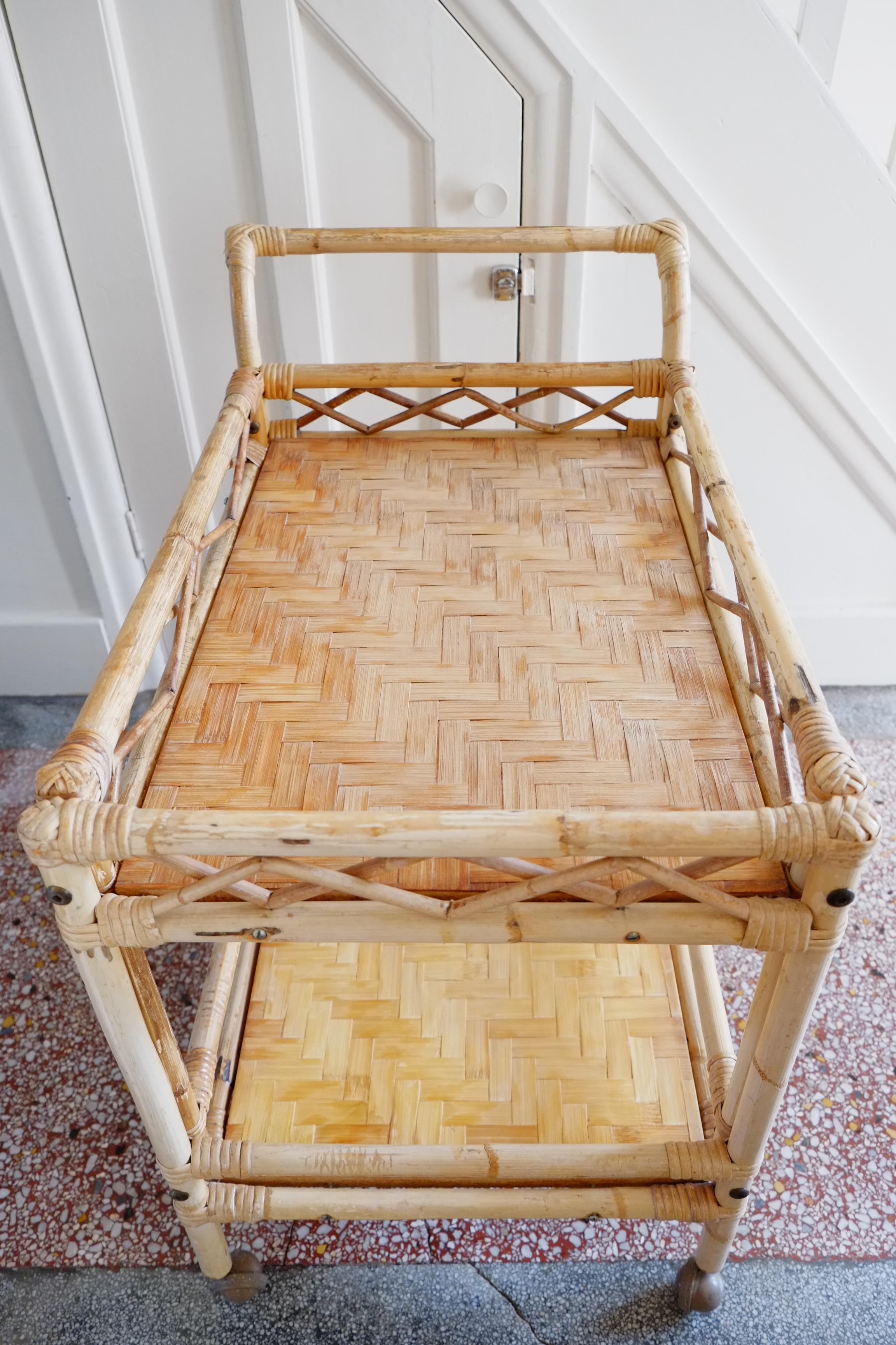 Boho large bamboo rectangular serving trolley drinks bar cart For Sale 4