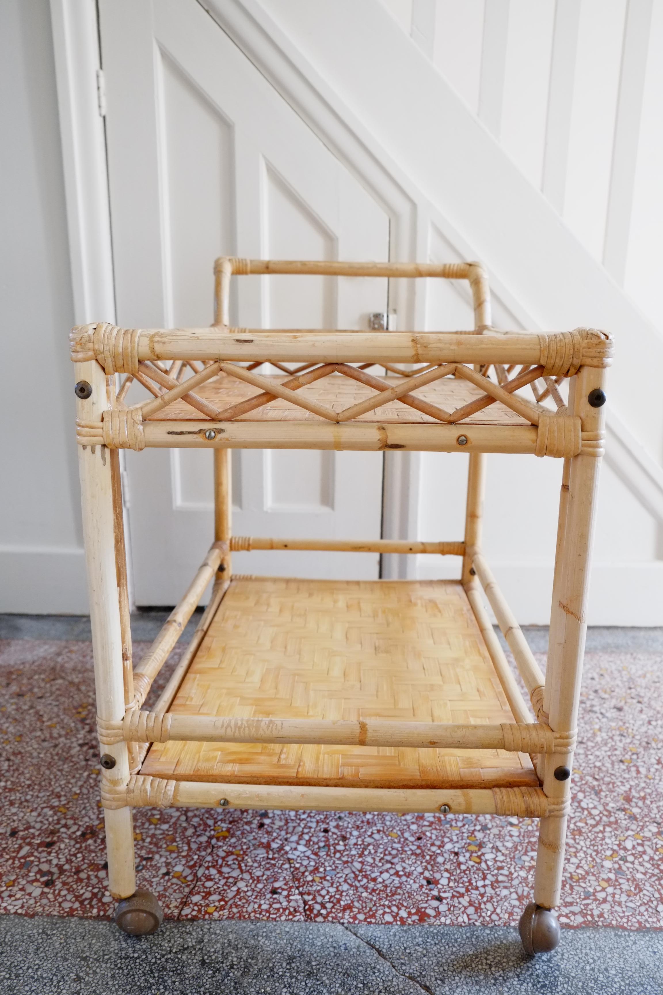 Boho large bamboo rectangular serving trolley drinks bar cart For Sale 5