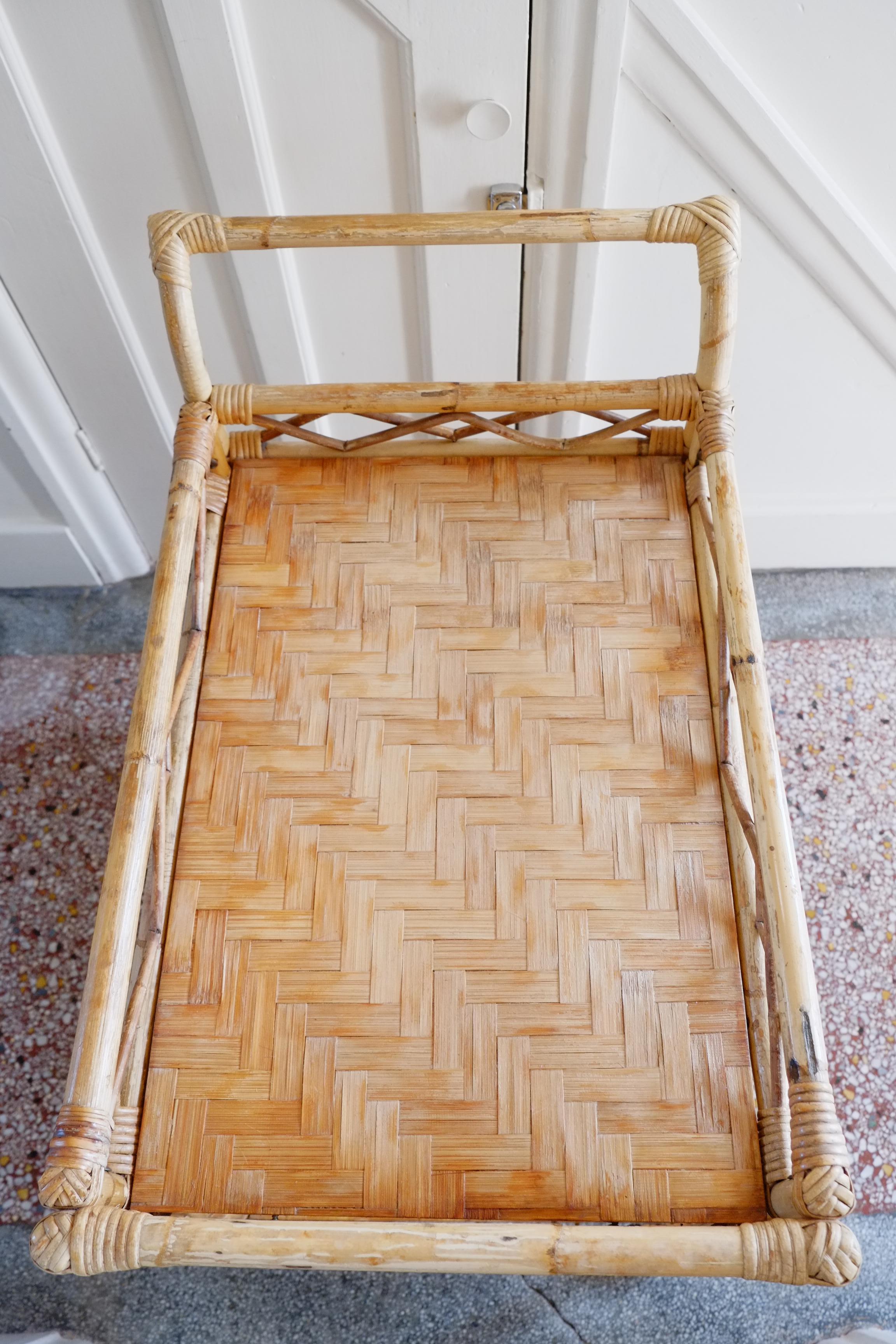 Boho large bamboo rectangular serving trolley drinks bar cart For Sale 6