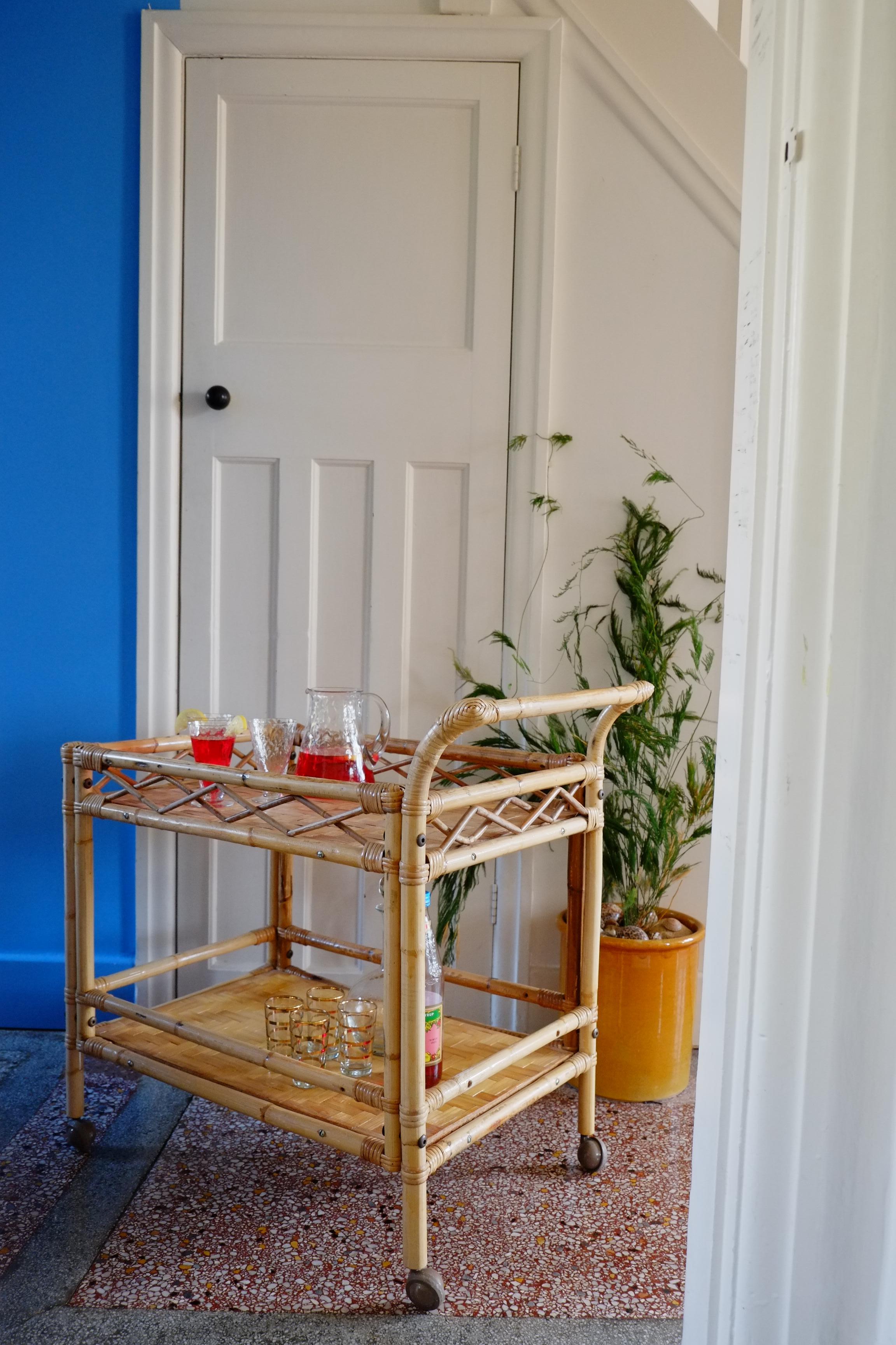 Boho large bamboo rectangular serving trolley drinks bar cart For Sale 7