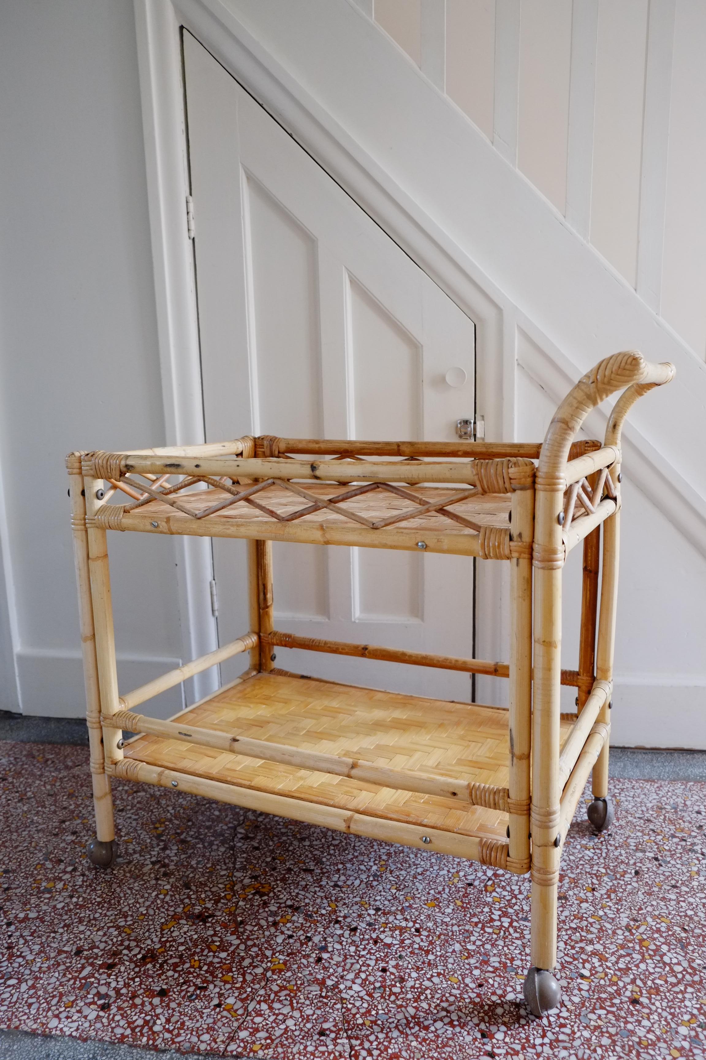 Bohemian Boho large bamboo rectangular serving trolley drinks bar cart For Sale
