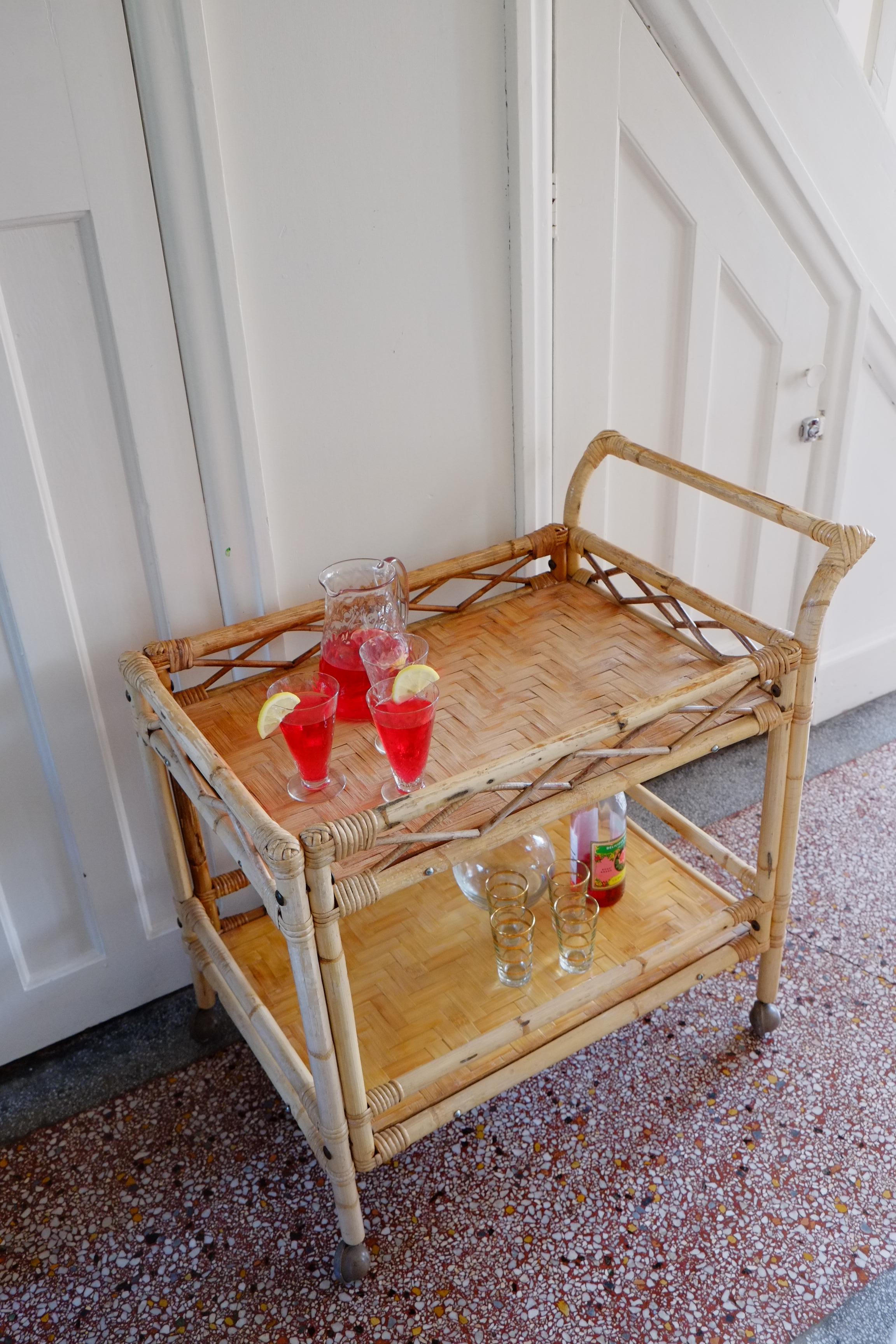Hand-Woven Boho large bamboo rectangular serving trolley drinks bar cart For Sale