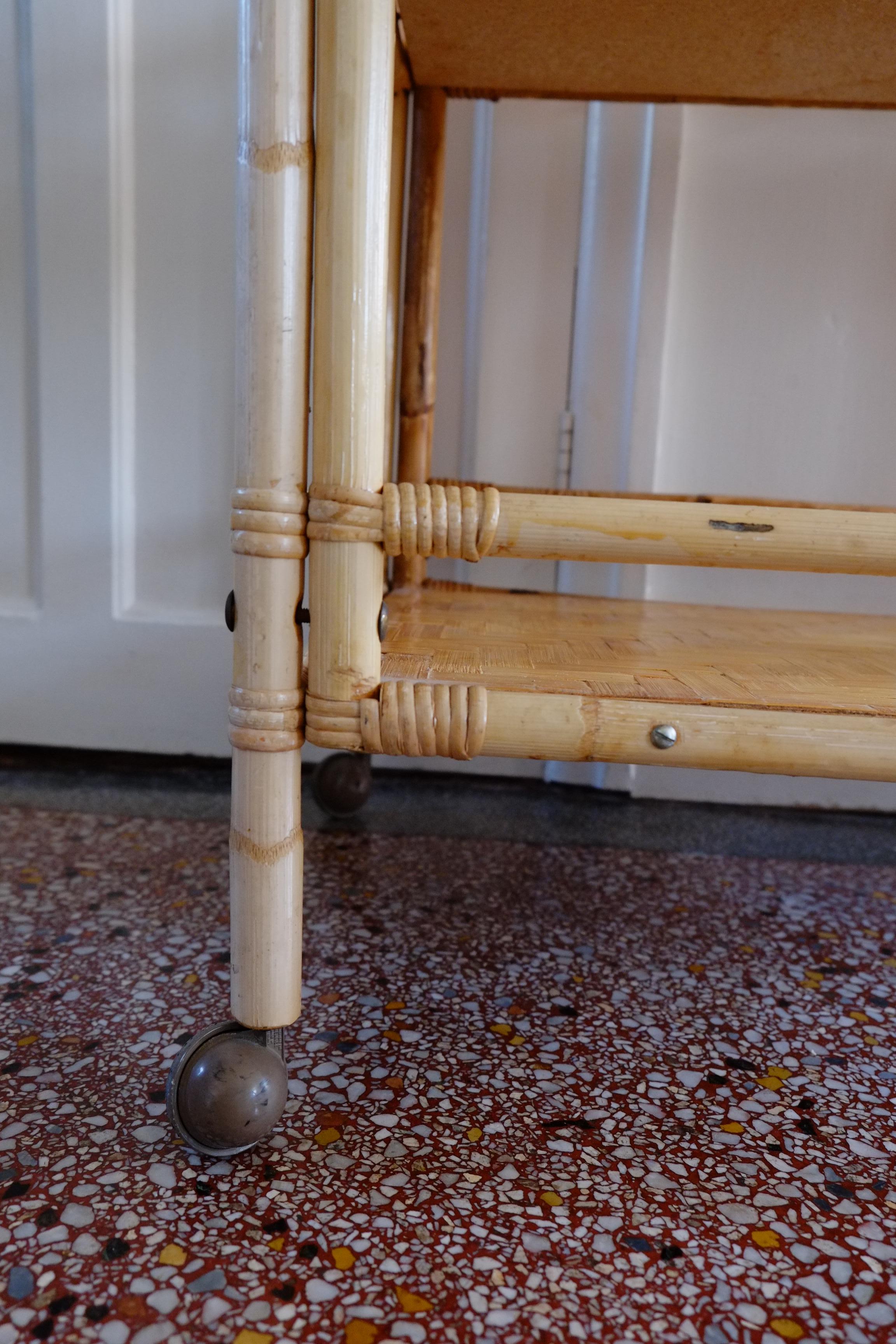 Boho large bamboo rectangular serving trolley drinks bar cart In Fair Condition For Sale In Leicester, GB
