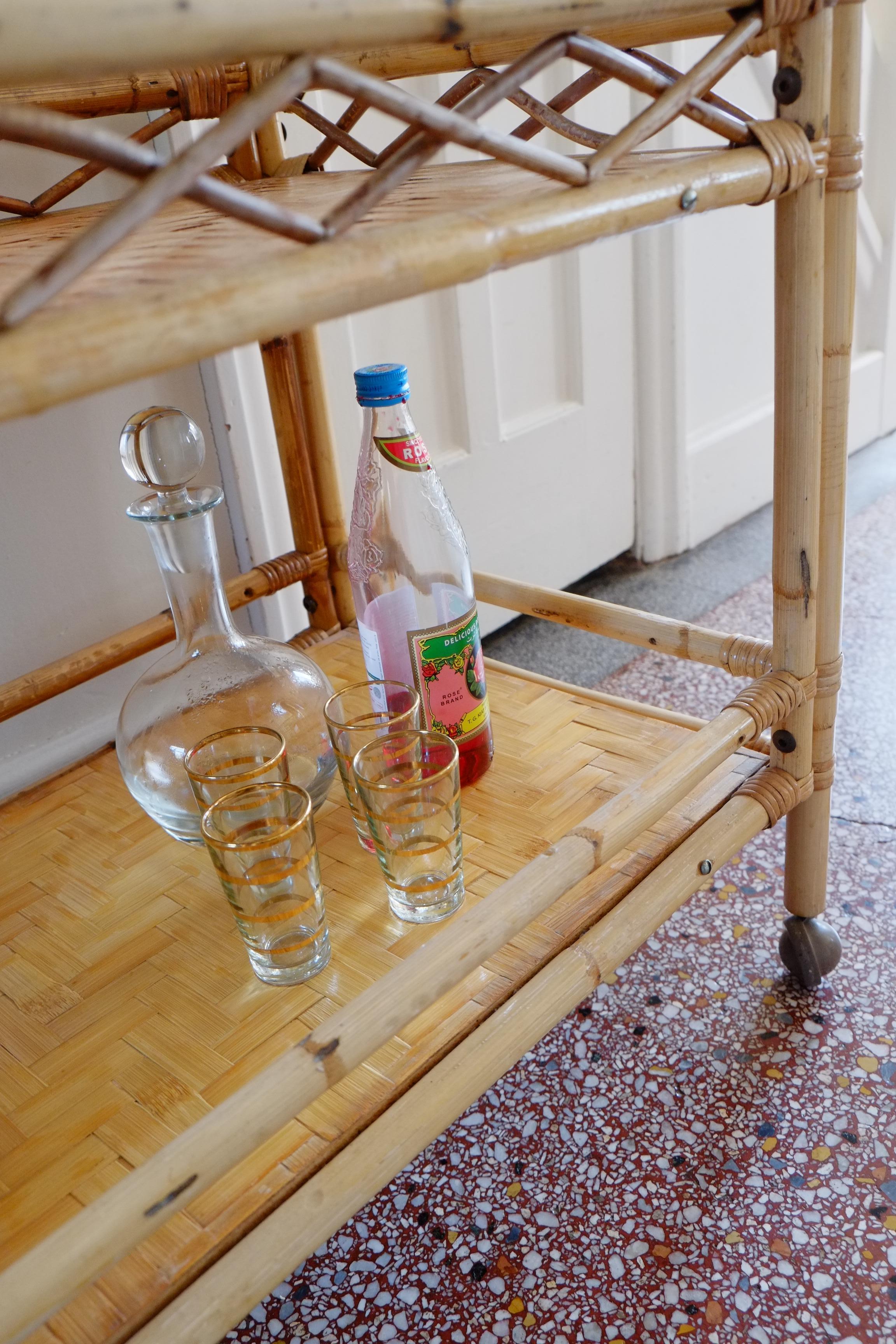 Mid-20th Century Boho large bamboo rectangular serving trolley drinks bar cart For Sale