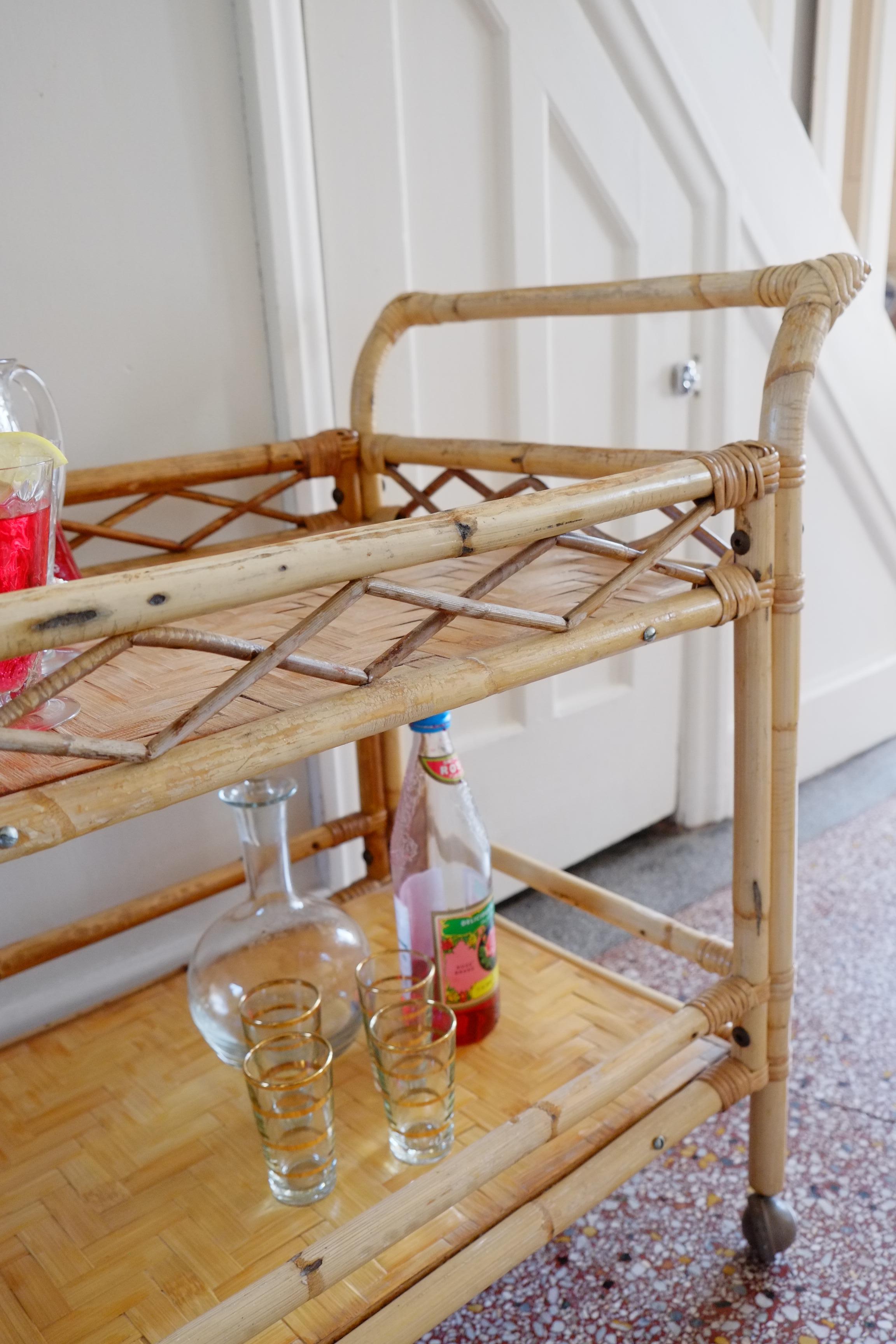 Bamboo Boho large bamboo rectangular serving trolley drinks bar cart For Sale
