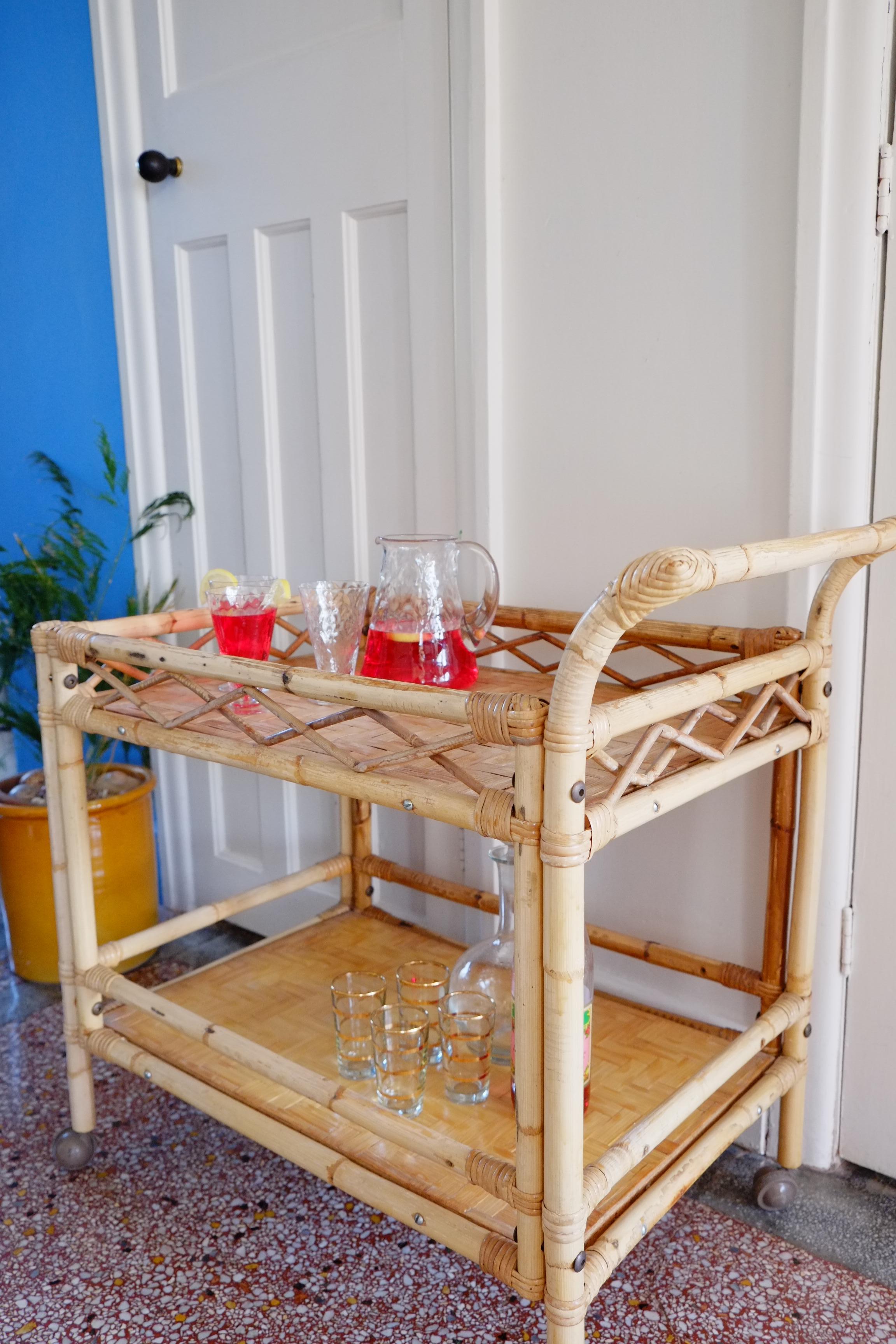 Boho large bamboo rectangular serving trolley drinks bar cart For Sale 1