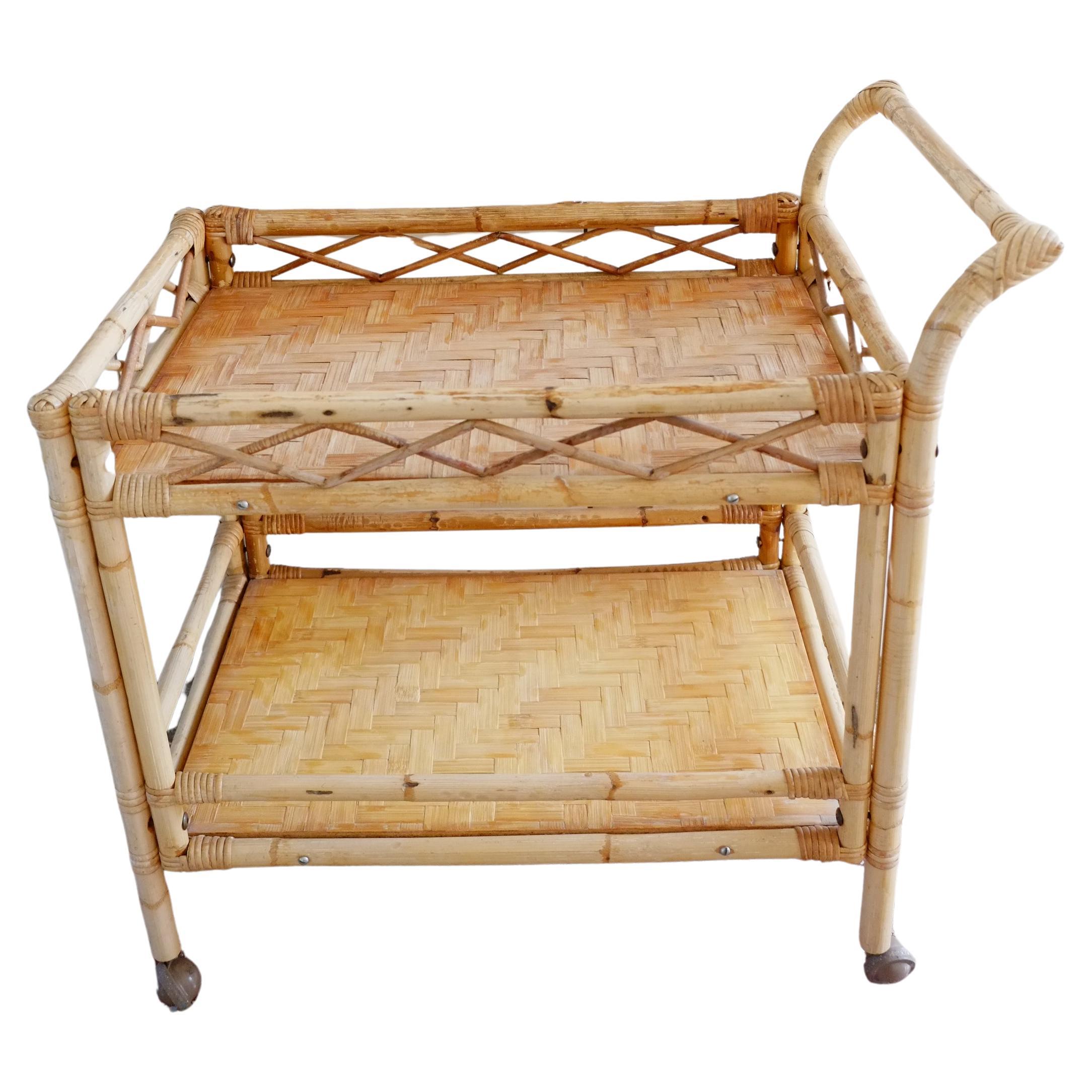 Boho large bamboo rectangular serving trolley drinks bar cart