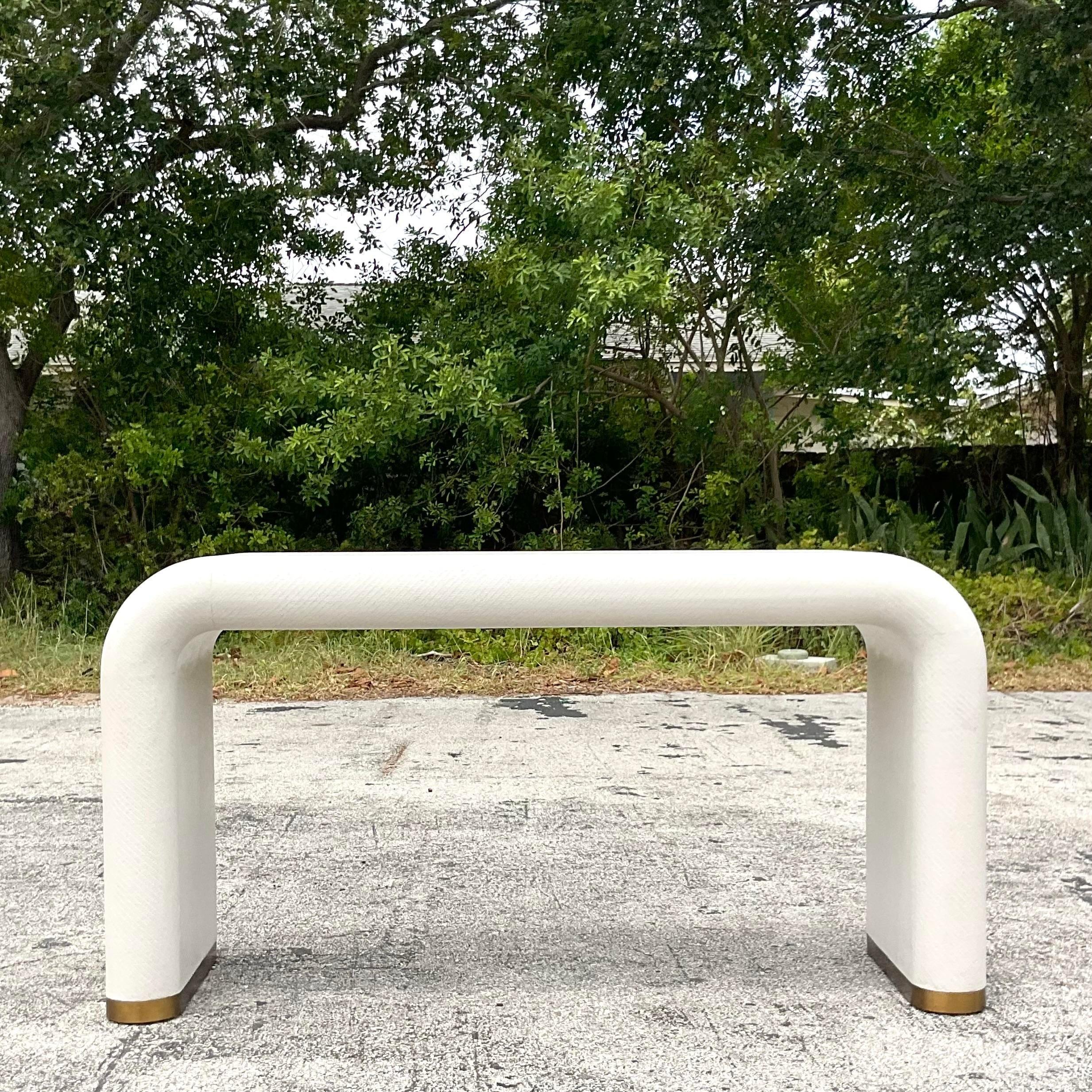 Boho Made Goods “Hudson” Grasscloth Console Table In Good Condition For Sale In west palm beach, FL
