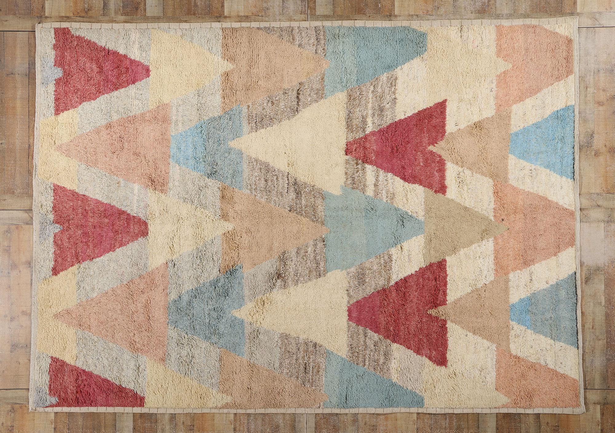 81061 Modern Moroccan Area Rug, 08'09 x 12'01. Step into a world where Mid-Century Modern sophistication meets Bohemian charm with our hand knotted wool 