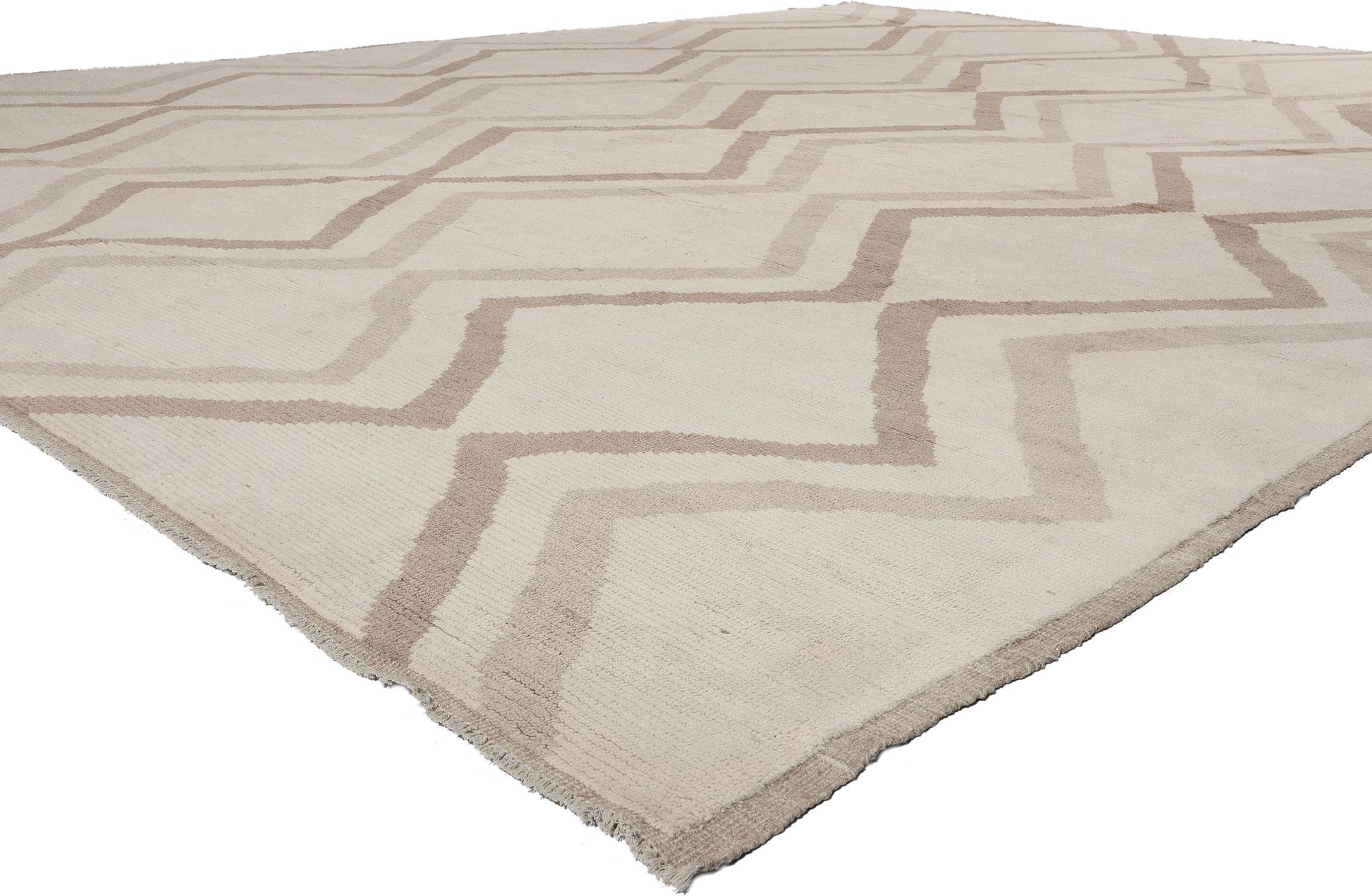 81082 Organic Modern Zigzag Moroccan Rug, 12'02 x 15'05. Step into a realm where simplicity meets serenity with our hand-knotted wool Moroccan area rug, a masterpiece destined to grace floors with elegance. Picture a backdrop of soothing beige, akin