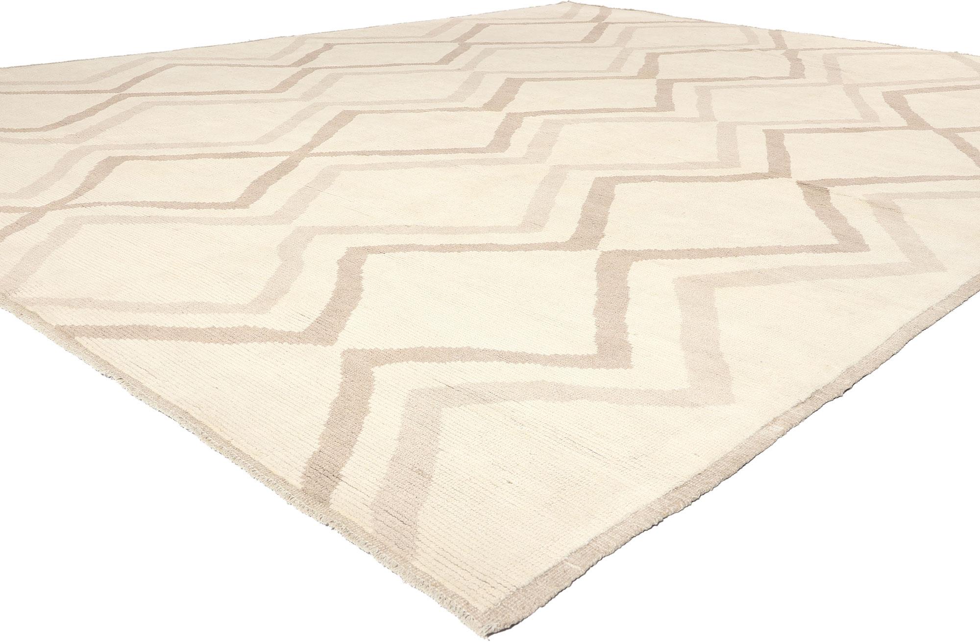 81082 Organic Modern Zigzag Moroccan Rug, 12'02 x 15'05. Step into a realm where simplicity meets serenity with our hand-knotted wool Moroccan area rug, a masterpiece destined to grace floors with elegance. Picture a backdrop of soothing beige, akin