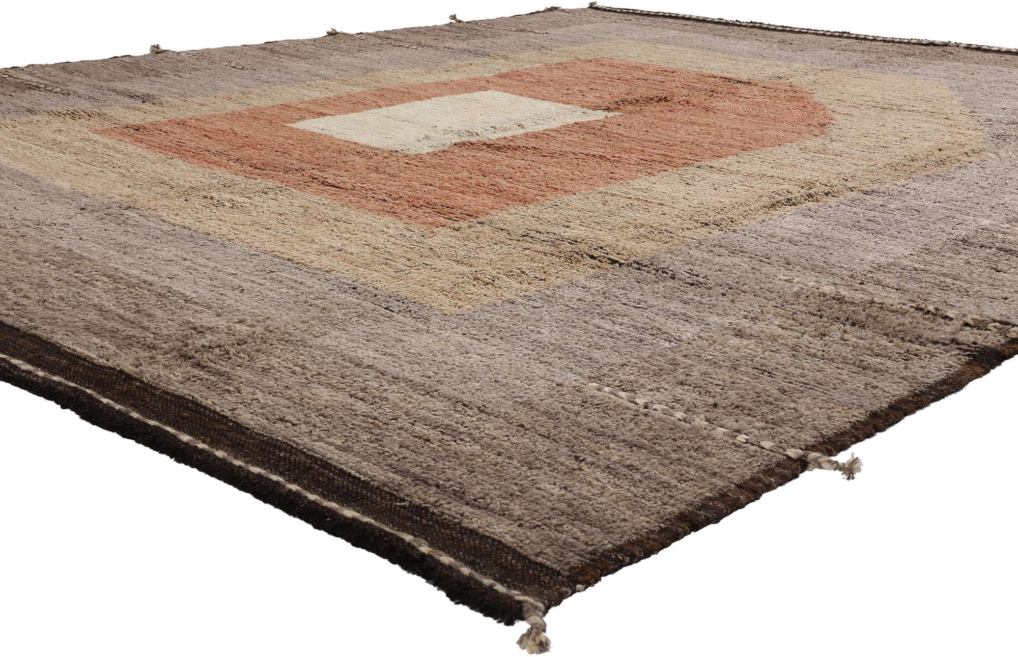 81062 Midcentury Modern Moroccan Japandi Rug, 08'06 x 10'02. Immerse yourself in the captivating fusion of Midcentury Modern style, the serene allure of Japandi design, and a dash of Boho Chic in this hand-knotted wool Moroccan rug. Each intricately
