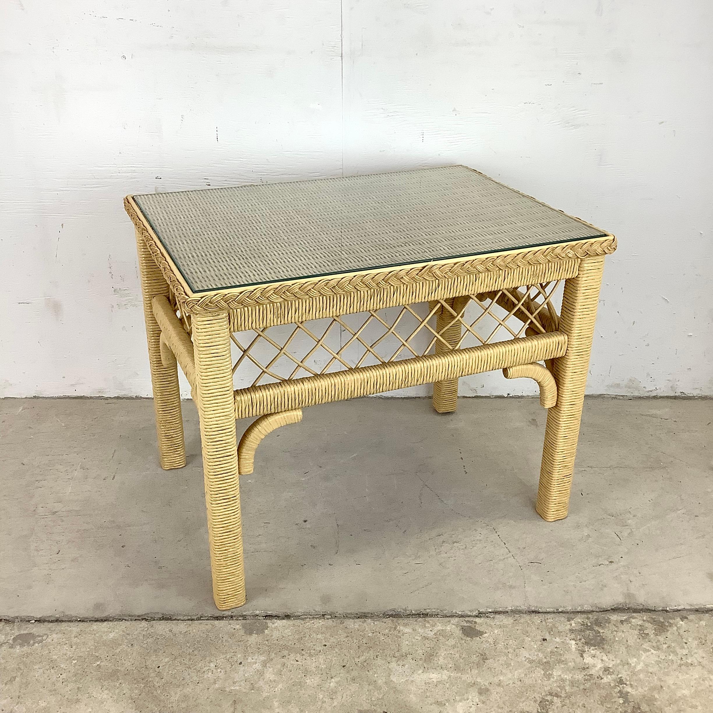 Unknown Boho Modern Glass Top Wicker Side Table For Sale