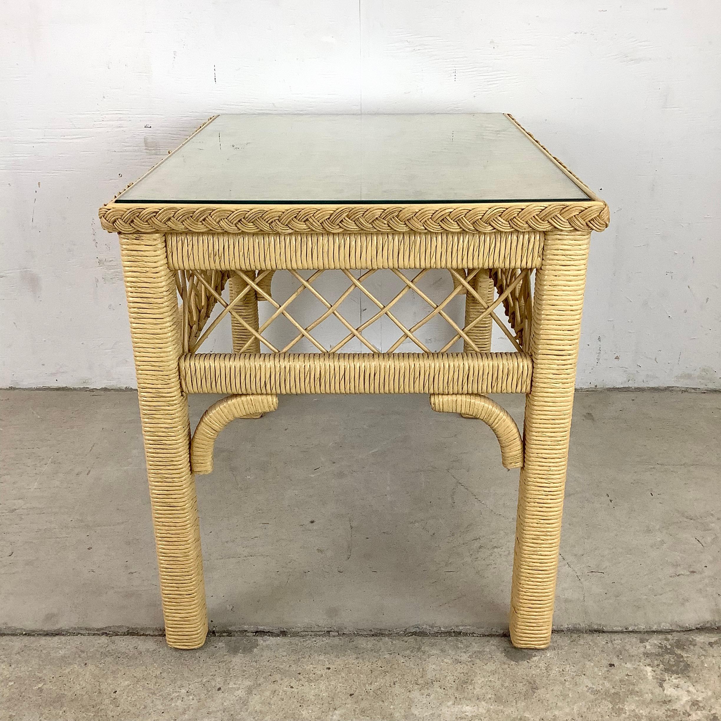 Other Boho Modern Glass Top Wicker Side Table For Sale