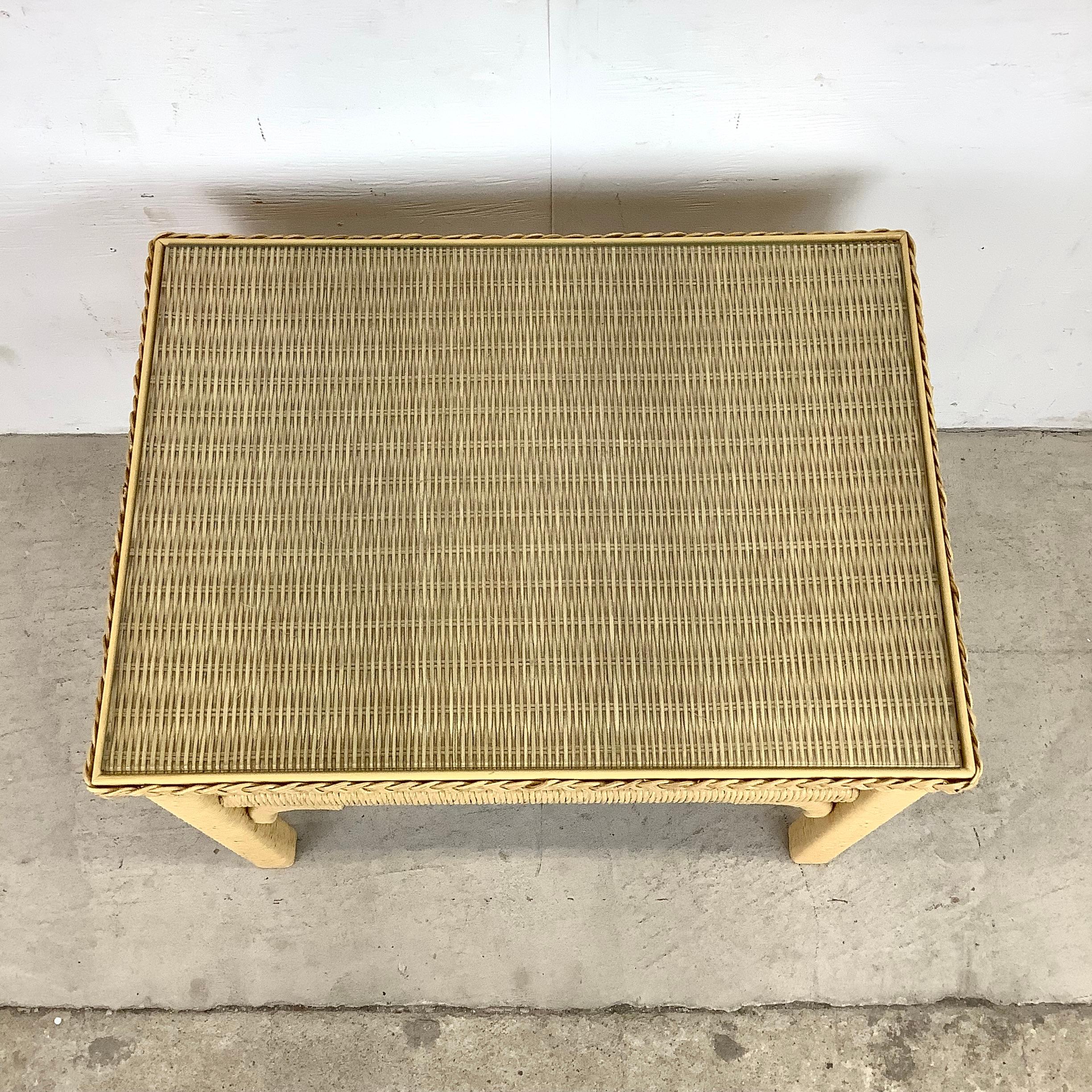 Boho Modern Glass Top Wicker Side Table In Good Condition For Sale In Trenton, NJ