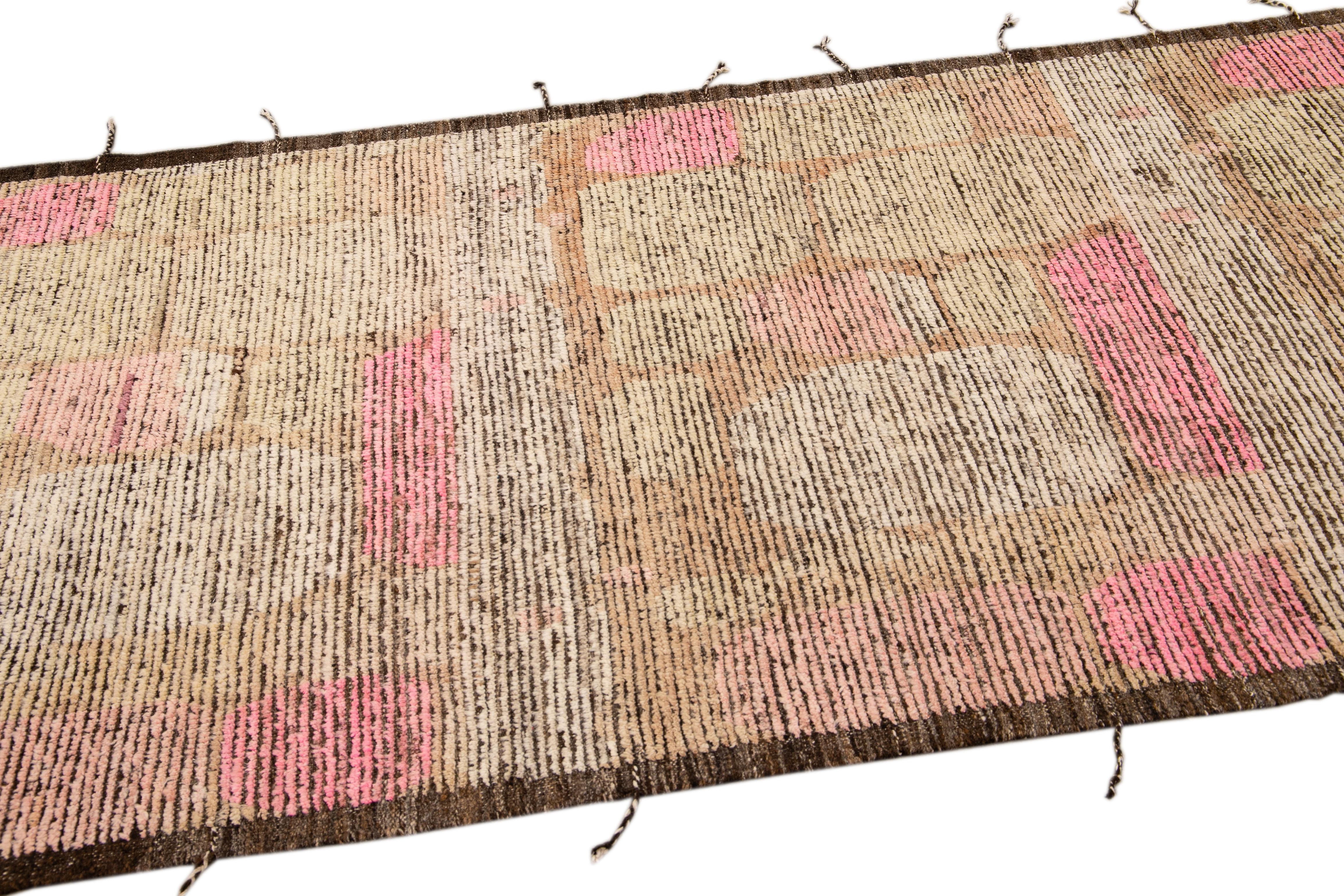 Contemporary Boho Modern Moroccan Style Handmade Abstract Designed Brown Wool Runner For Sale
