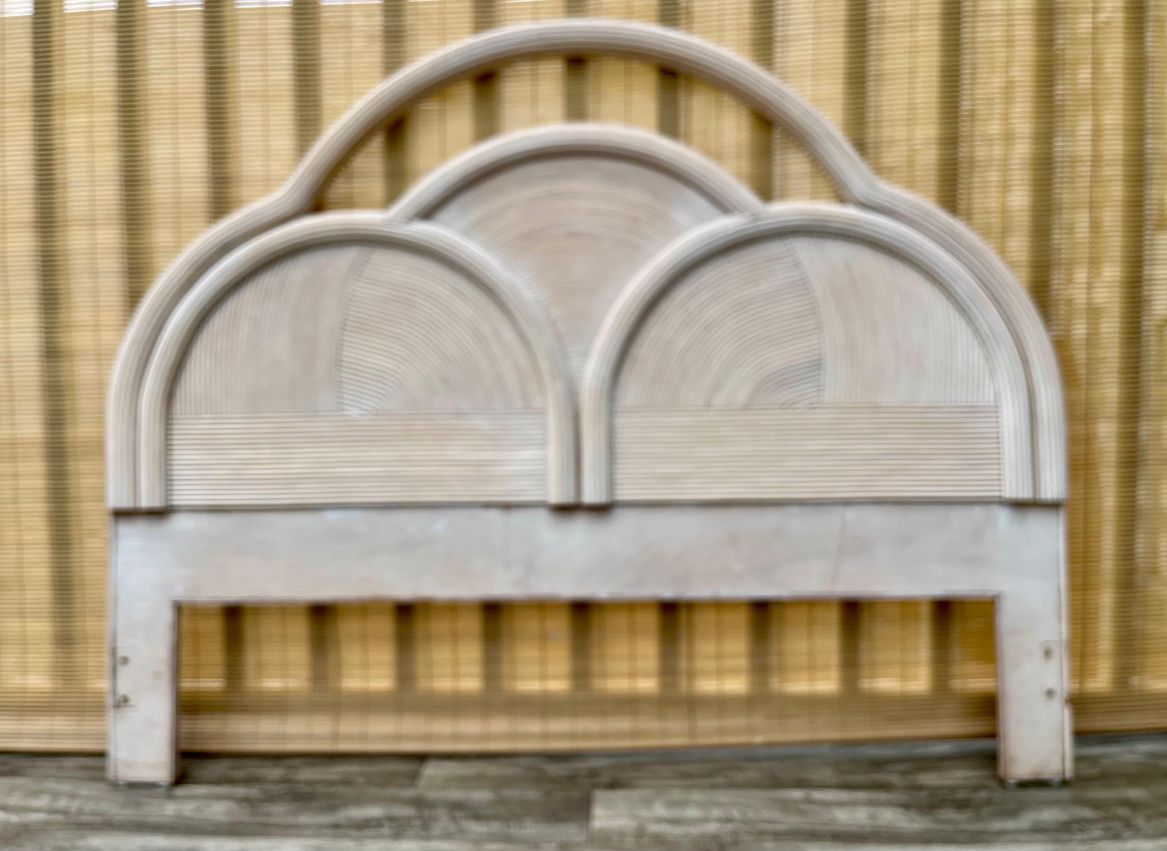 Vintage Boho Pencil Reed Queen Size Headboard in the Gabriella Crespi Style. Circa 1980s
Features a chic pencil reed swirl pattern design, an arched top, and a beautiful cream color. 
In an excellent original condition with very minor signs of wear